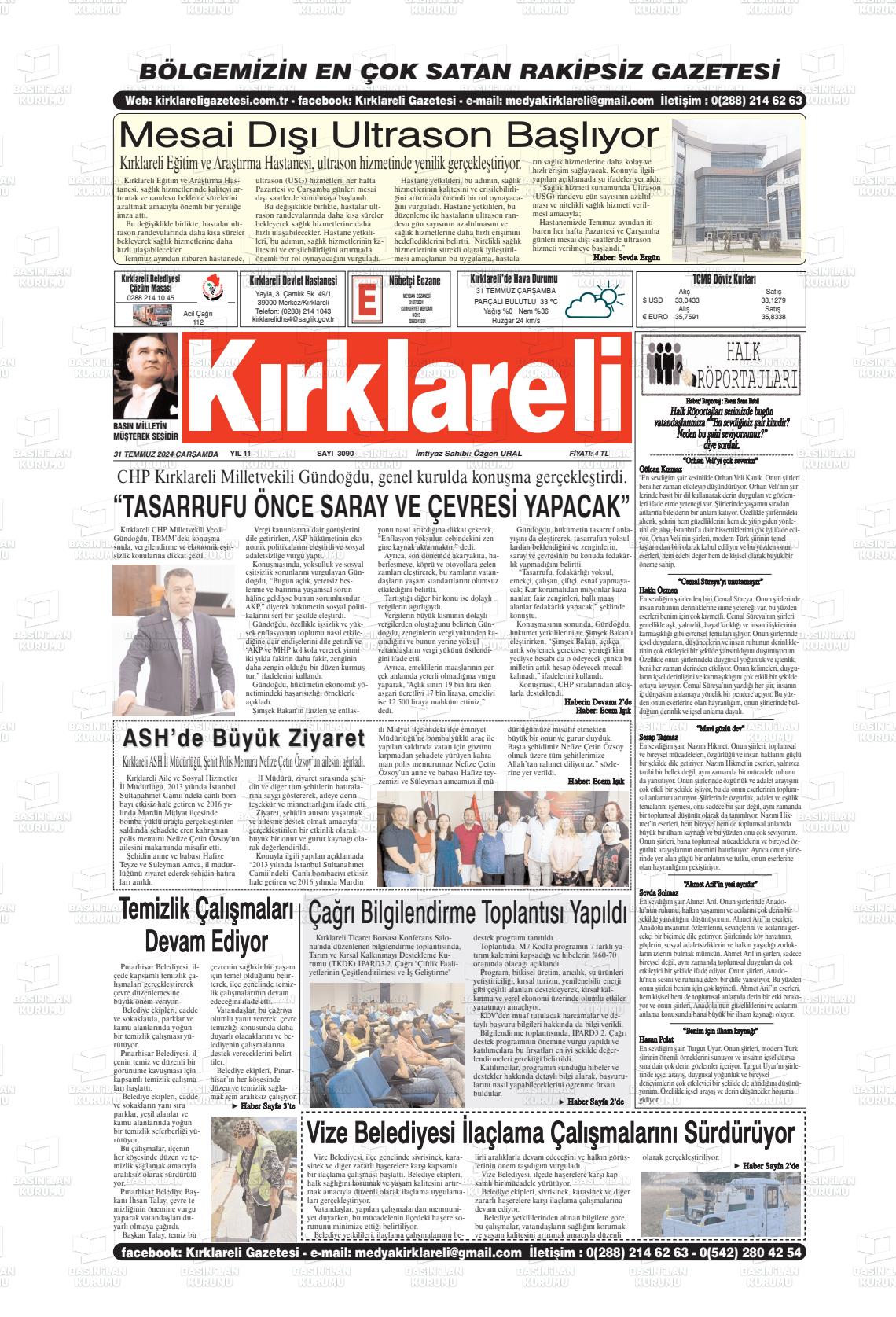 31 Temmuz 2024 Kırklareli Gazete Manşeti