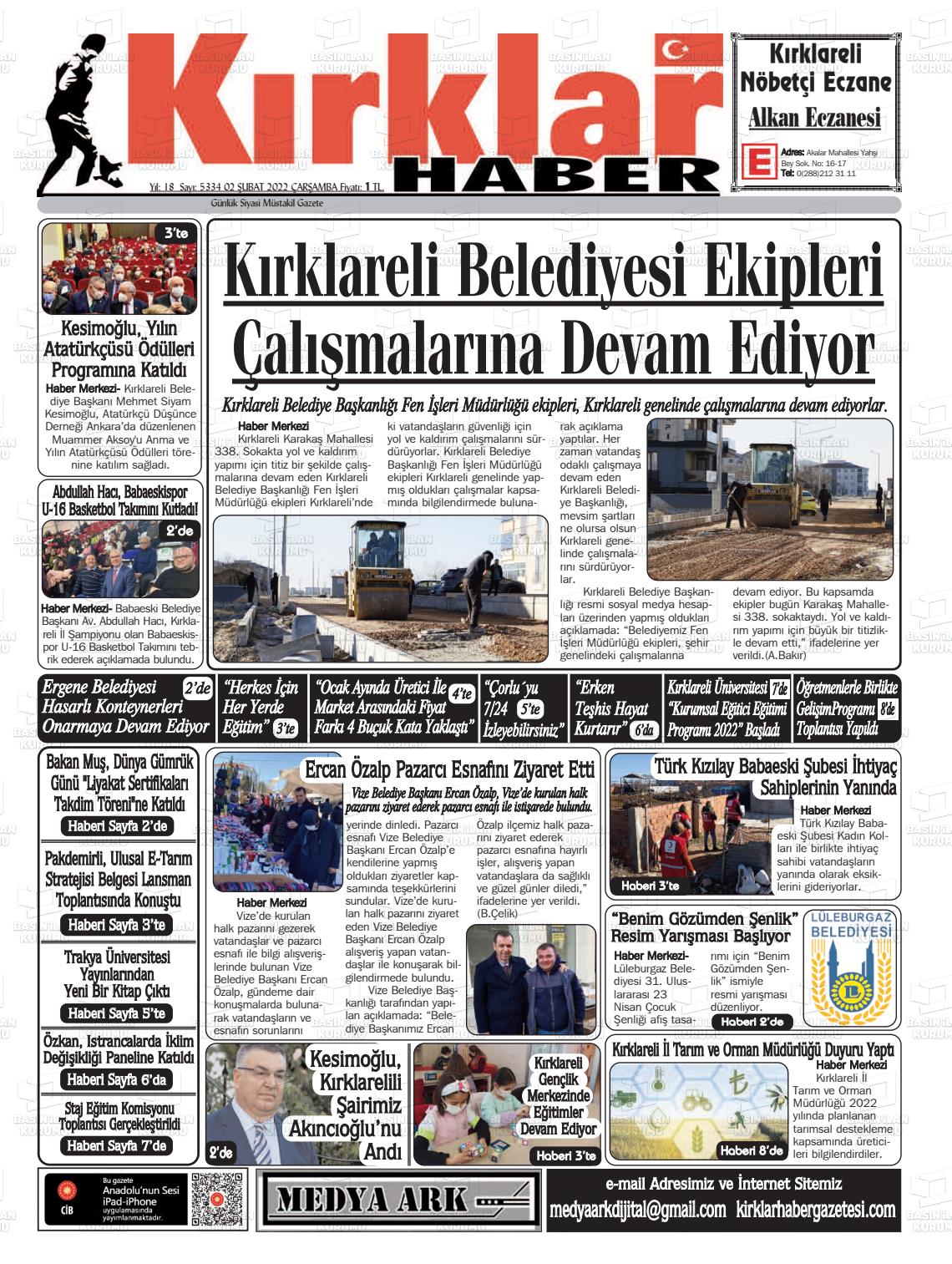 02 Şubat 2022 Kırklar Haber Gazete Manşeti