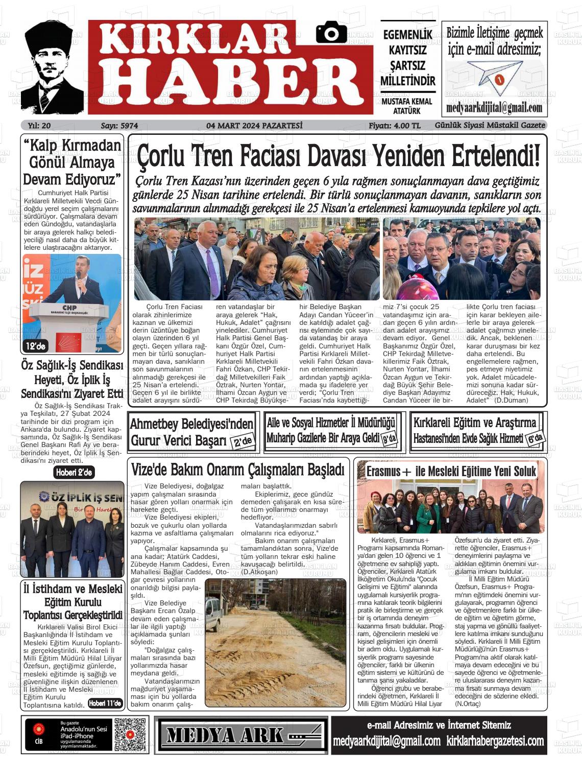 04 Mart 2024 Kırklar Haber Gazete Manşeti