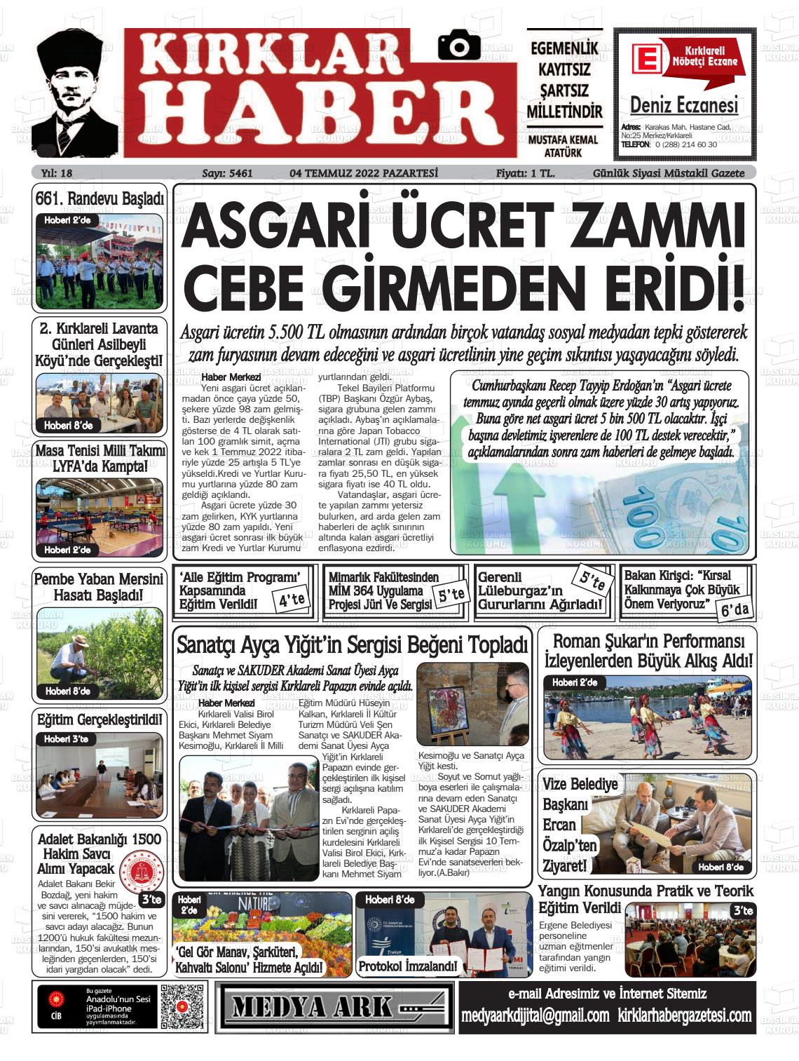 04 Temmuz 2022 Kırklar Haber Gazete Manşeti