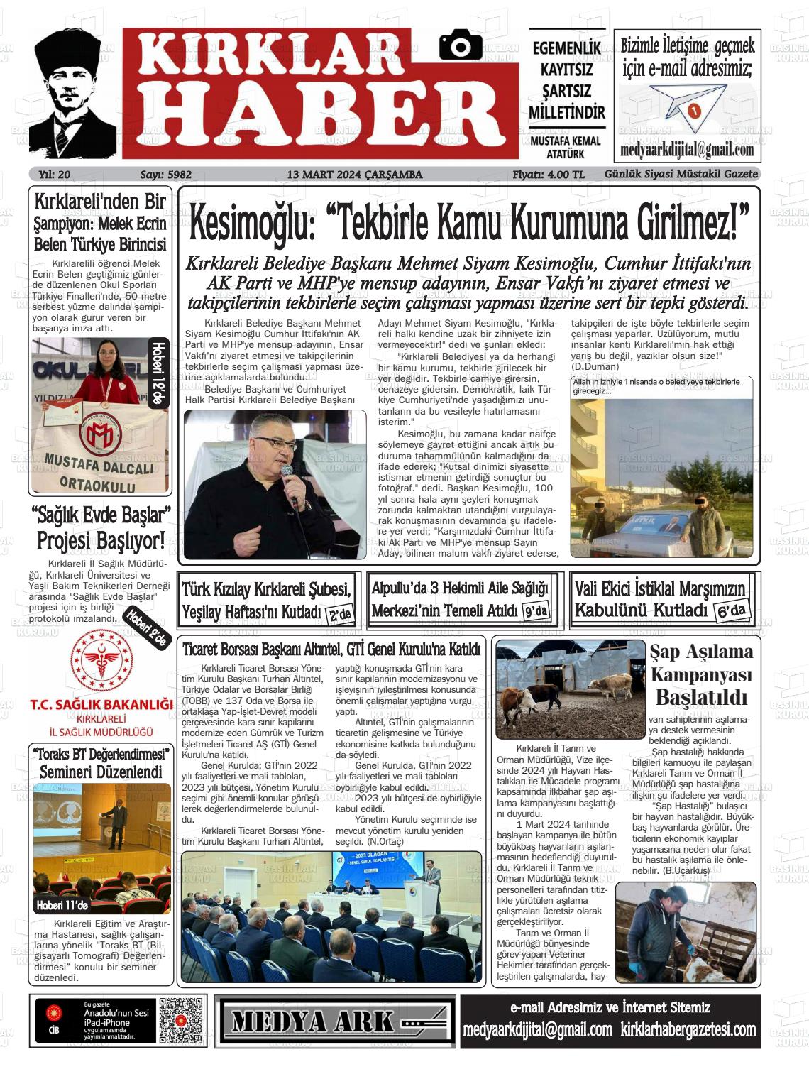 13 Mart 2024 Kırklar Haber Gazete Manşeti