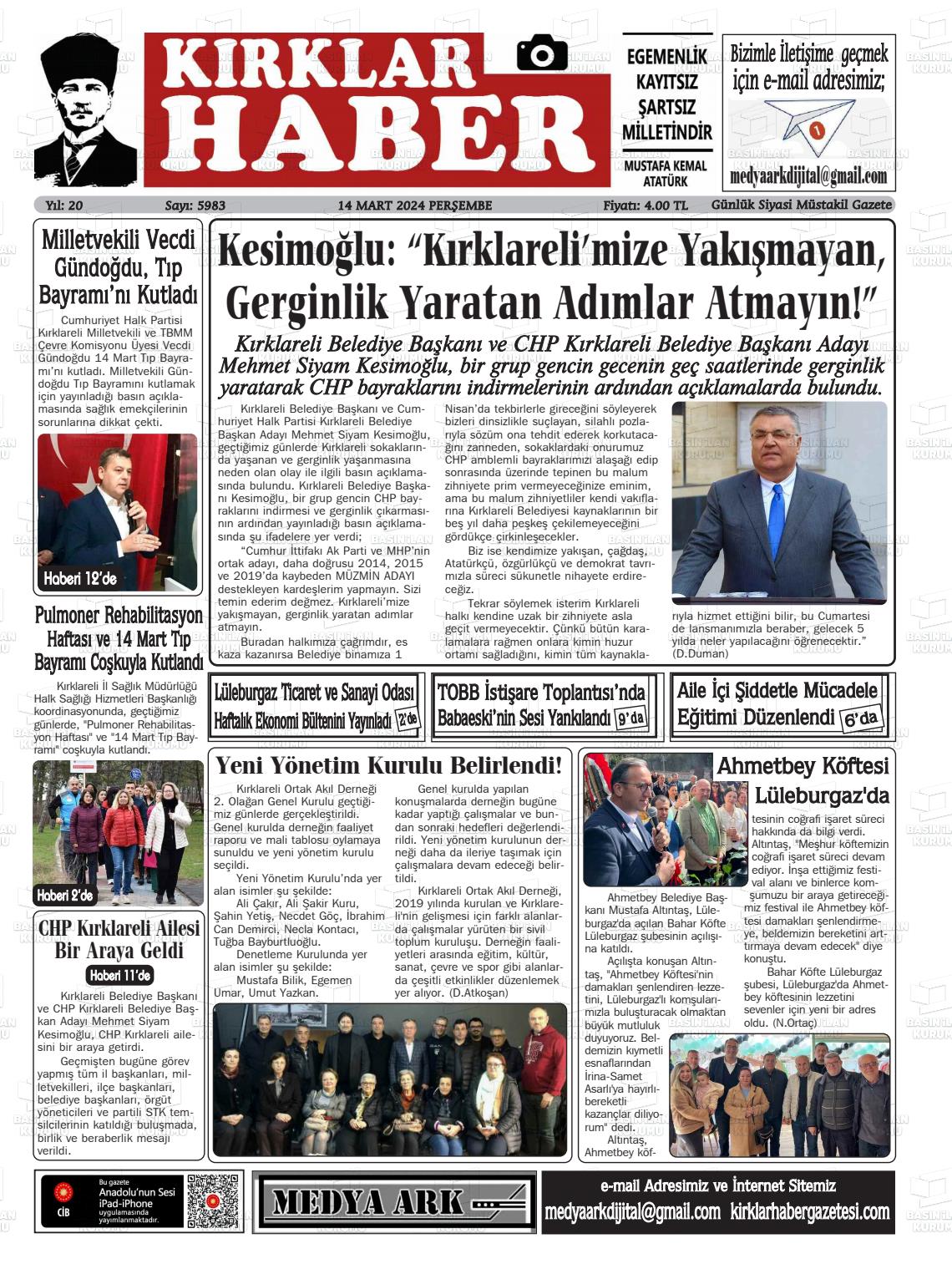 14 Mart 2024 Kırklar Haber Gazete Manşeti