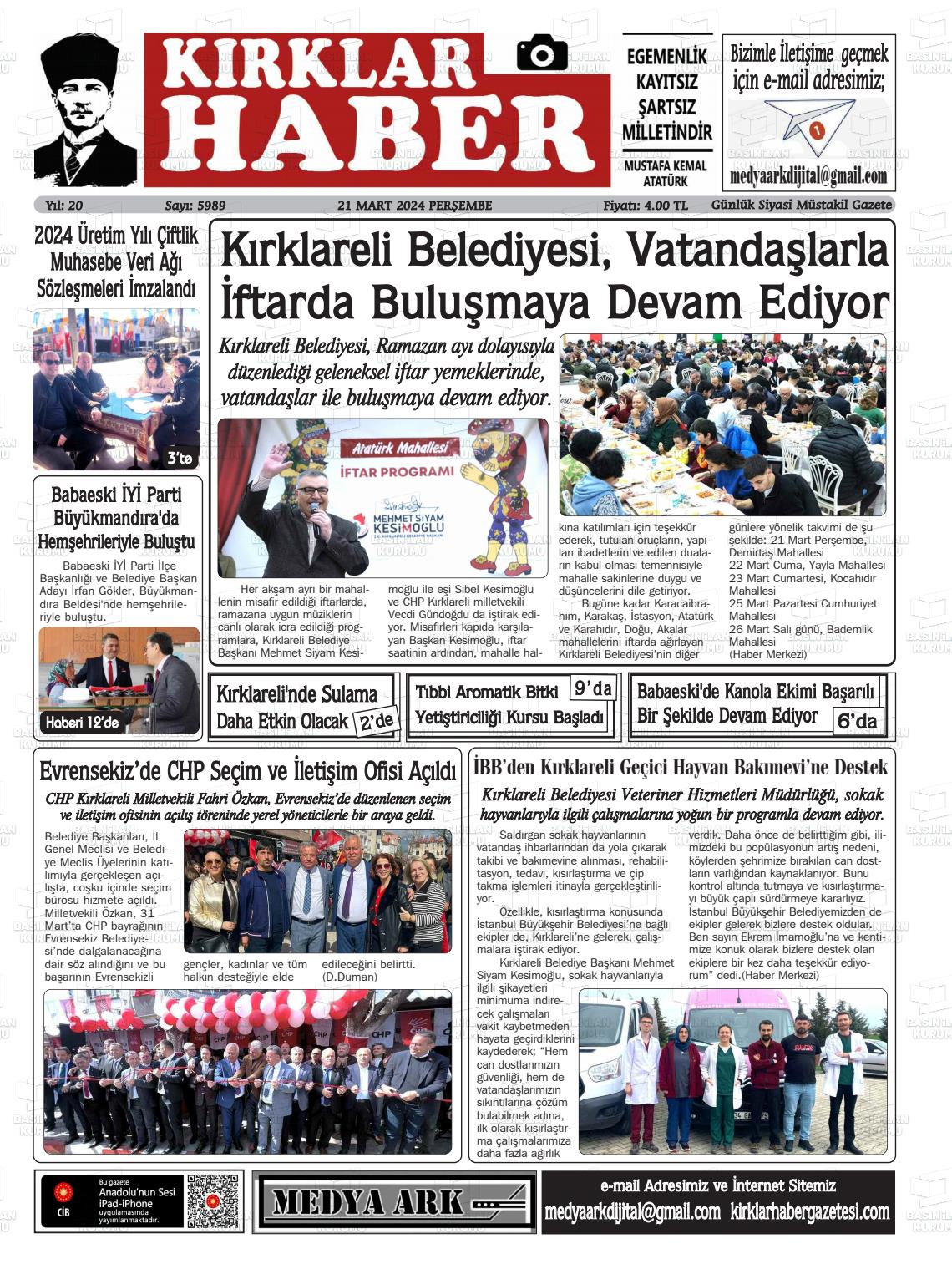 21 Mart 2024 Kırklar Haber Gazete Manşeti