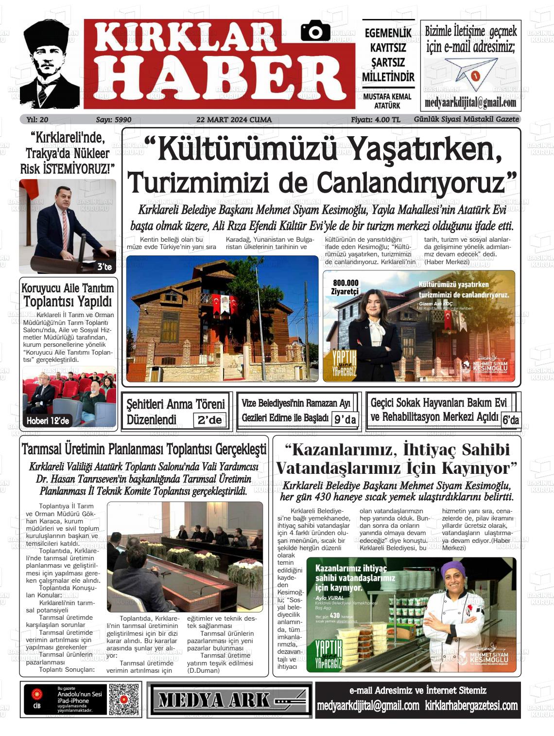 22 Mart 2024 Kırklar Haber Gazete Manşeti