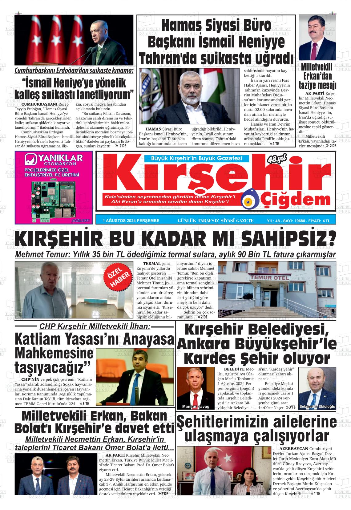 01 Ağustos 2024 Kırşehir Çiğdem Gazete Manşeti