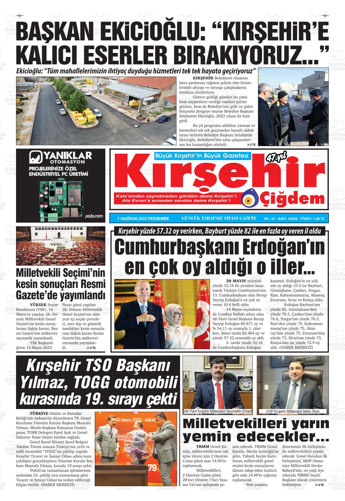 01 Haziran 2023 Kırşehir Çiğdem Gazete Manşeti