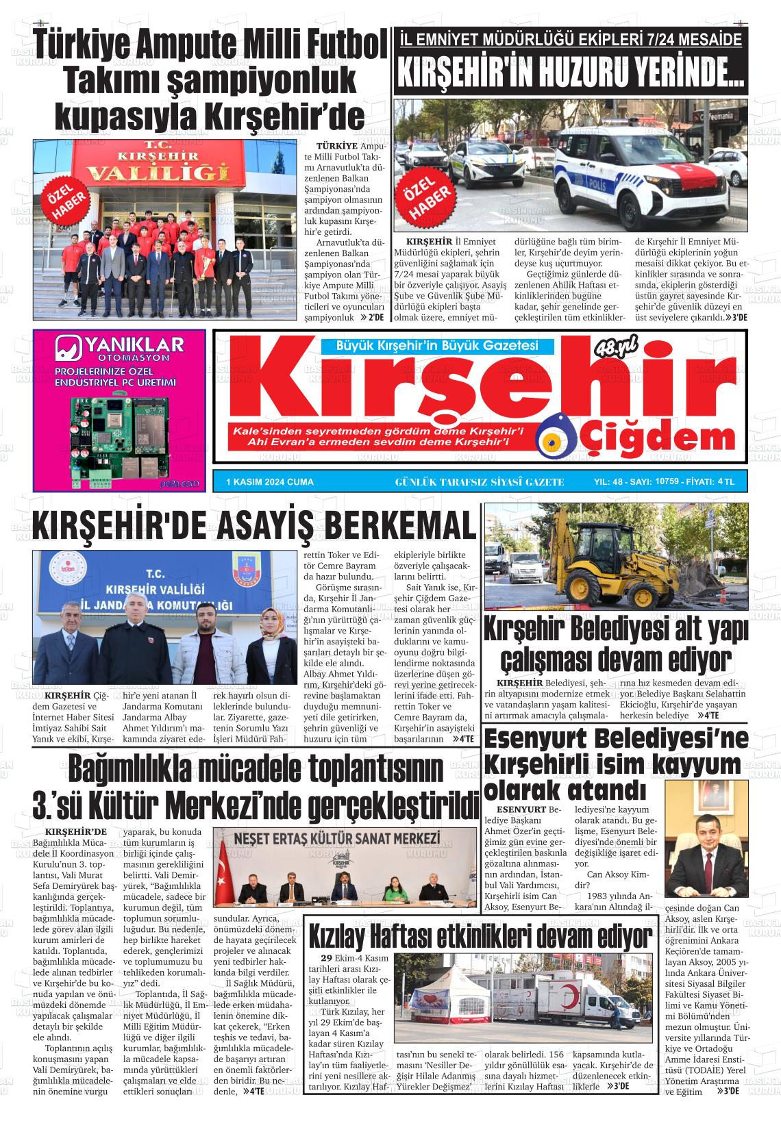 01 Kasım 2024 Kırşehir Çiğdem Gazete Manşeti