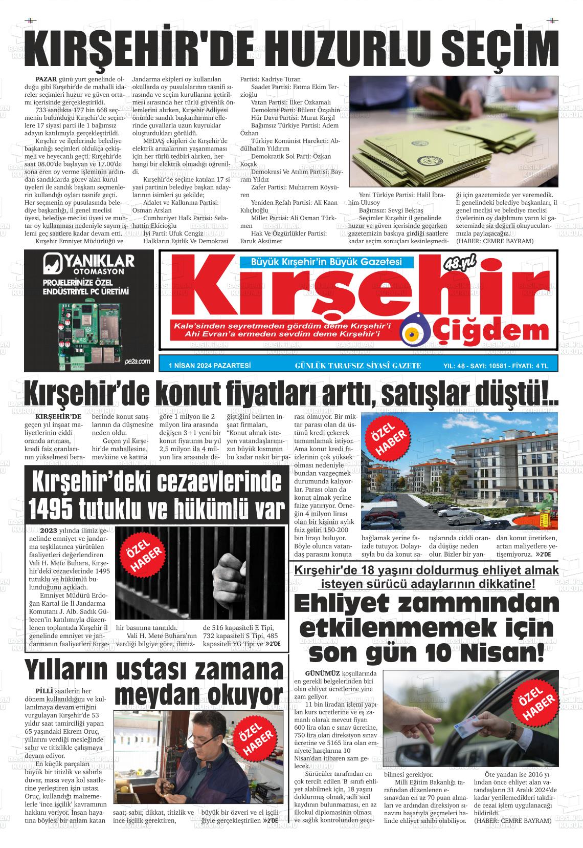 01 Nisan 2024 Kırşehir Çiğdem Gazete Manşeti