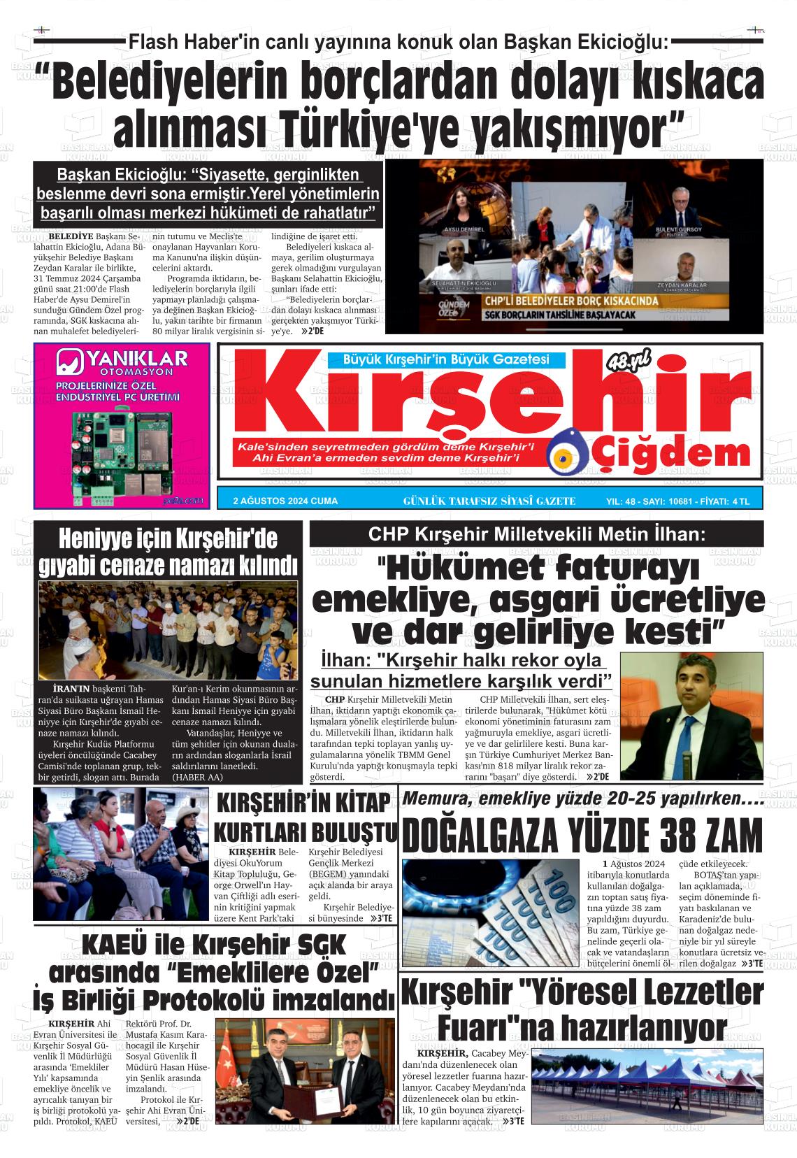 02 Ağustos 2024 Kırşehir Çiğdem Gazete Manşeti