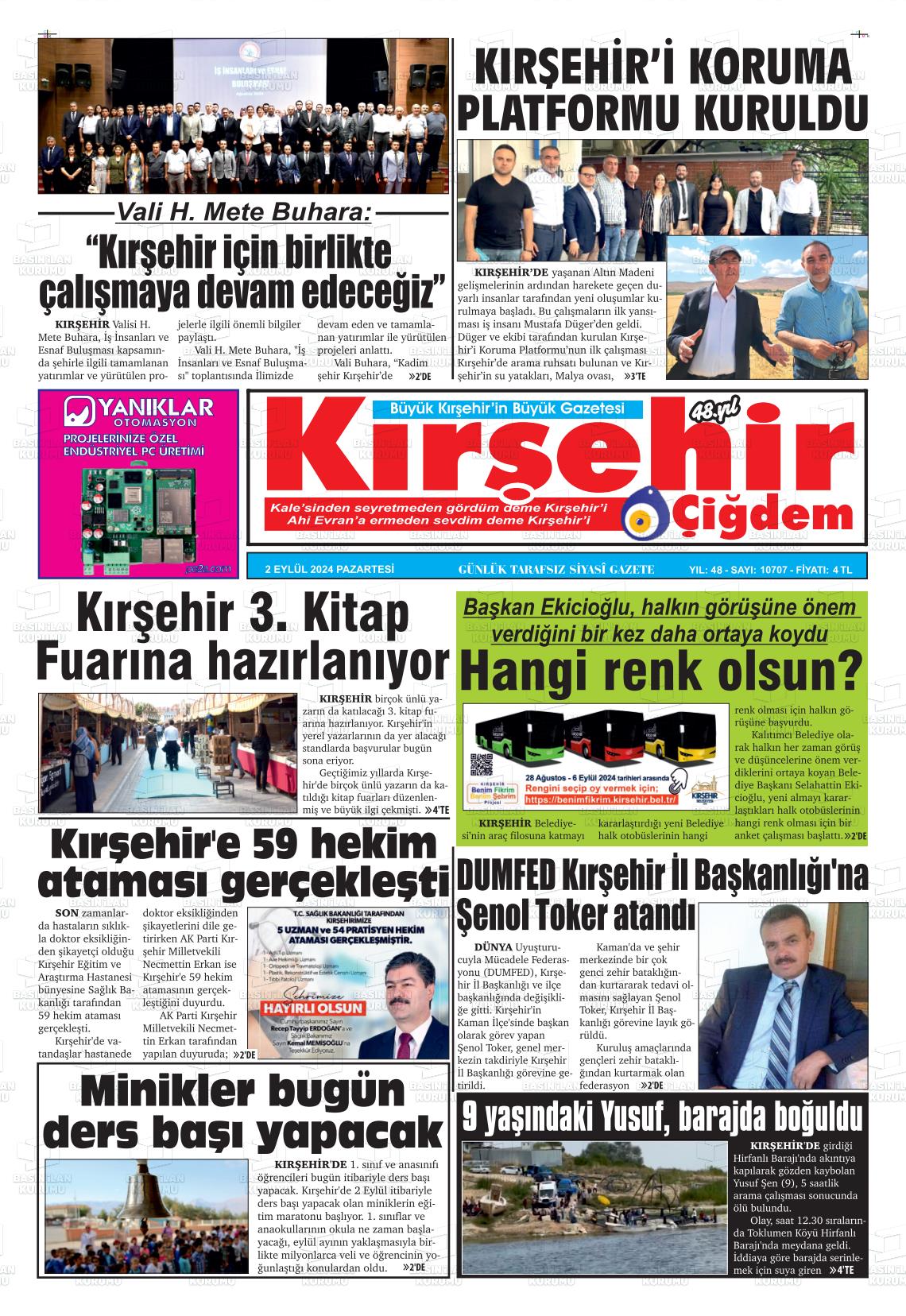 02 Eylül 2024 Kırşehir Çiğdem Gazete Manşeti