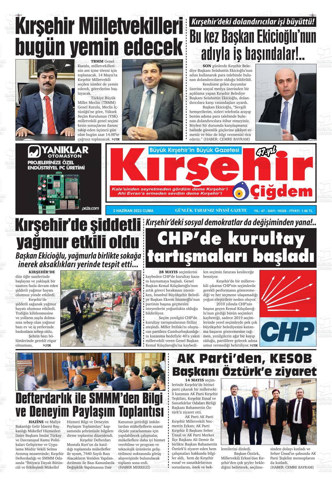 02 Haziran 2023 Kırşehir Çiğdem Gazete Manşeti