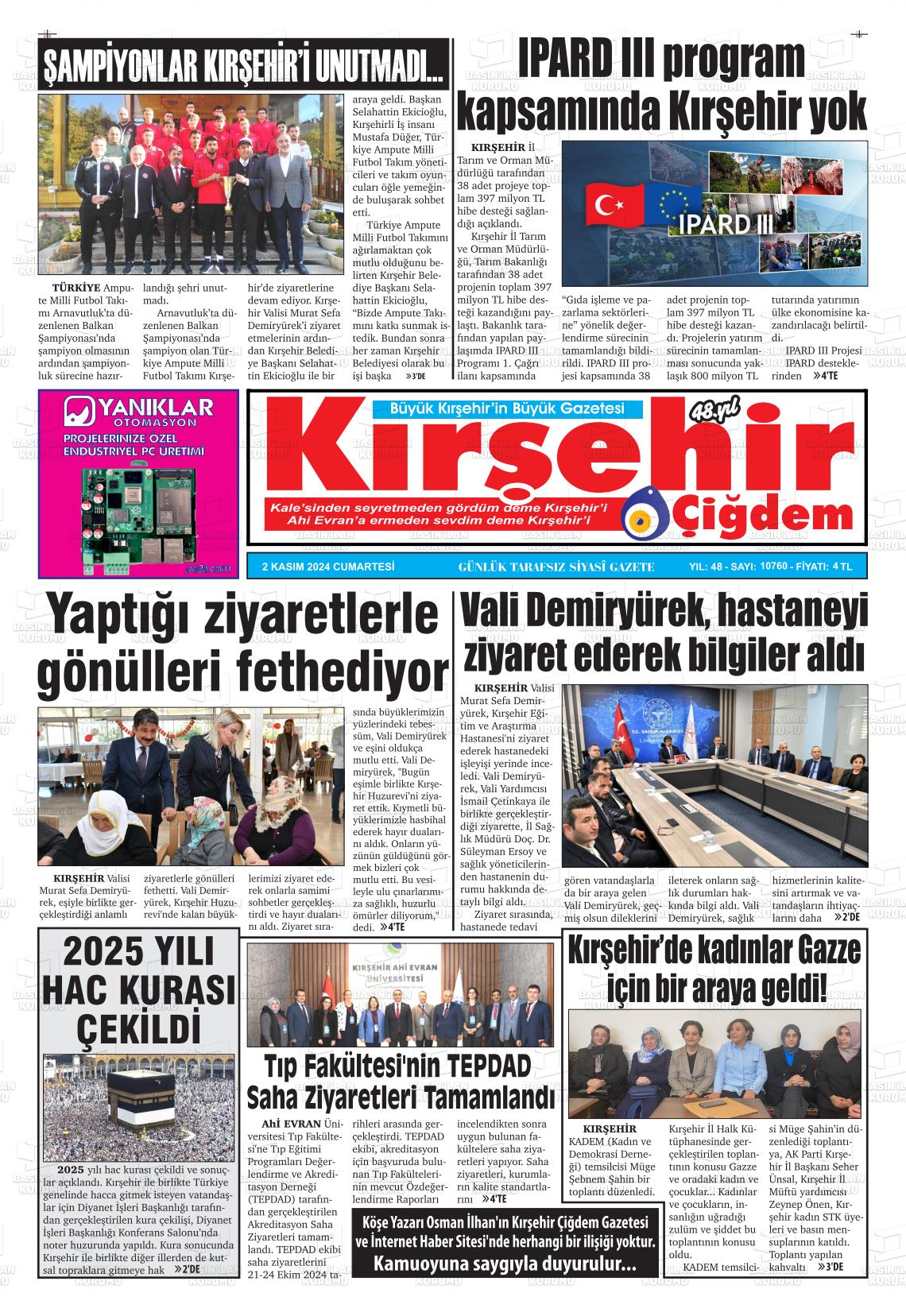 02 Kasım 2024 Kırşehir Çiğdem Gazete Manşeti