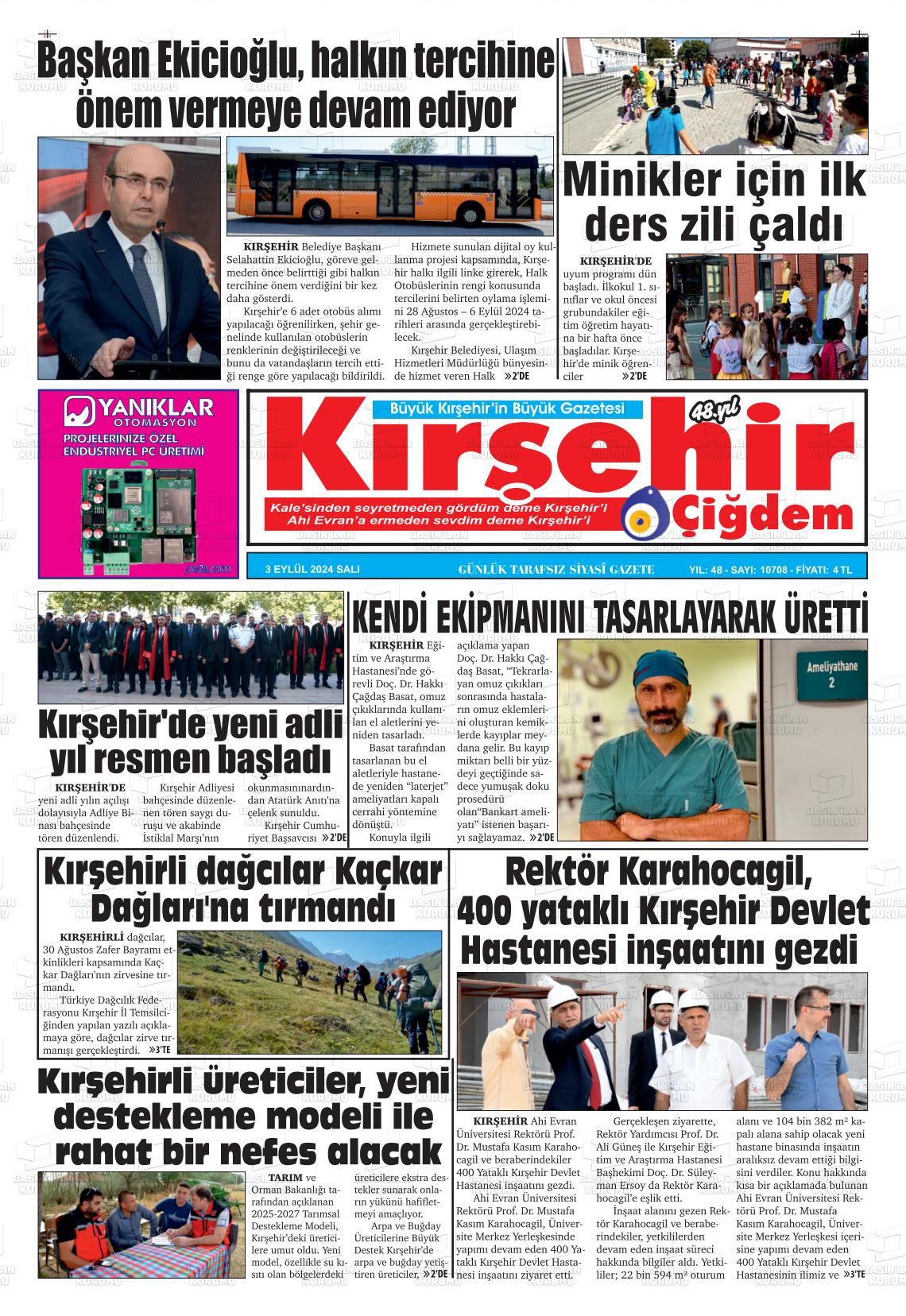 03 Eylül 2024 Kırşehir Çiğdem Gazete Manşeti