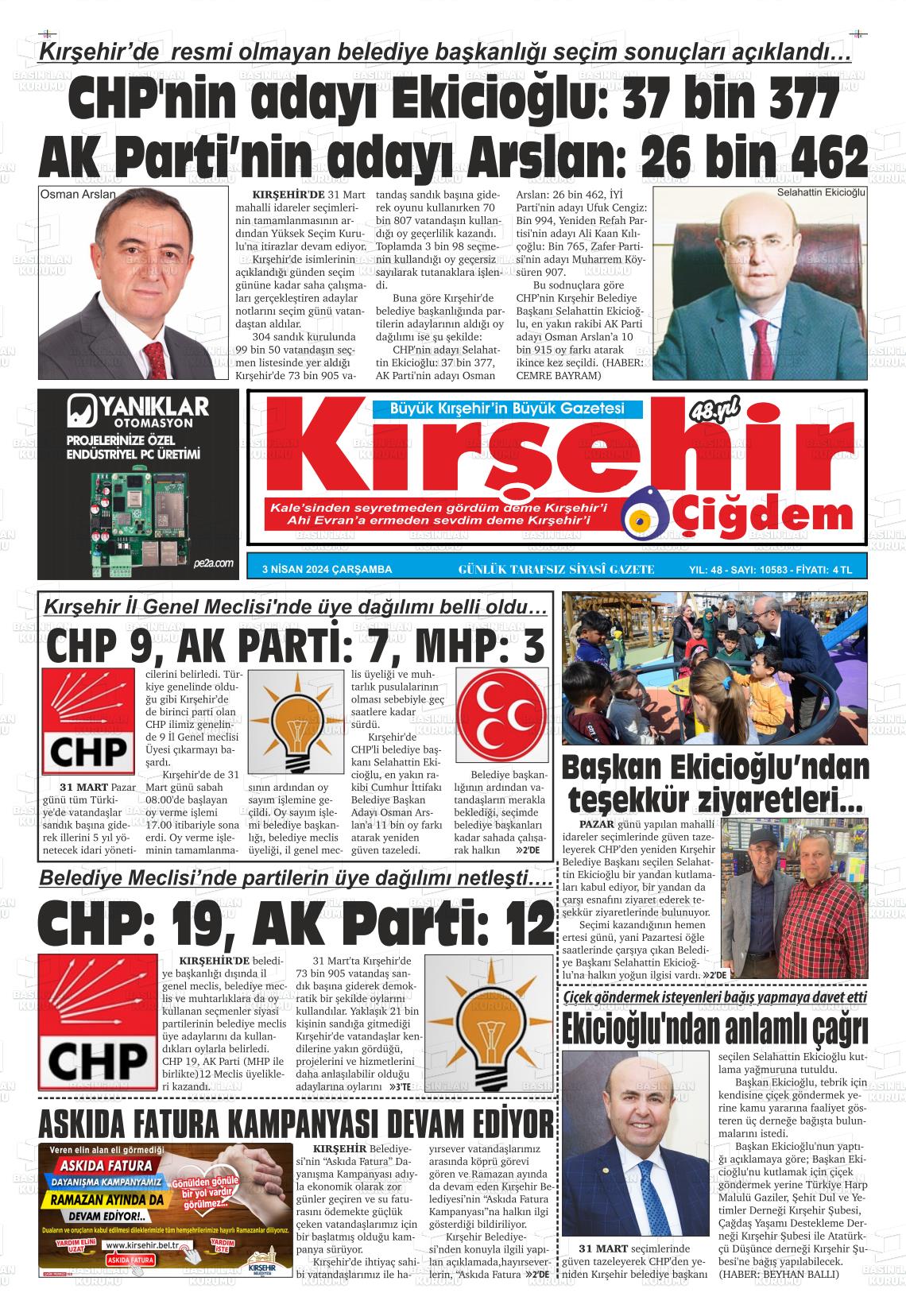 03 Nisan 2024 Kırşehir Çiğdem Gazete Manşeti