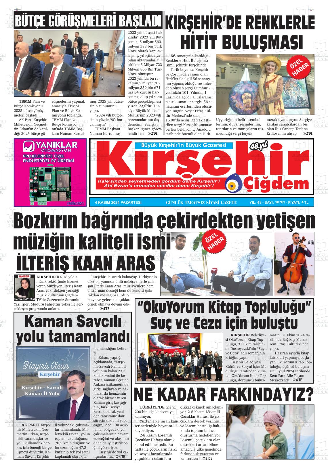 04 Kasım 2024 Kırşehir Çiğdem Gazete Manşeti