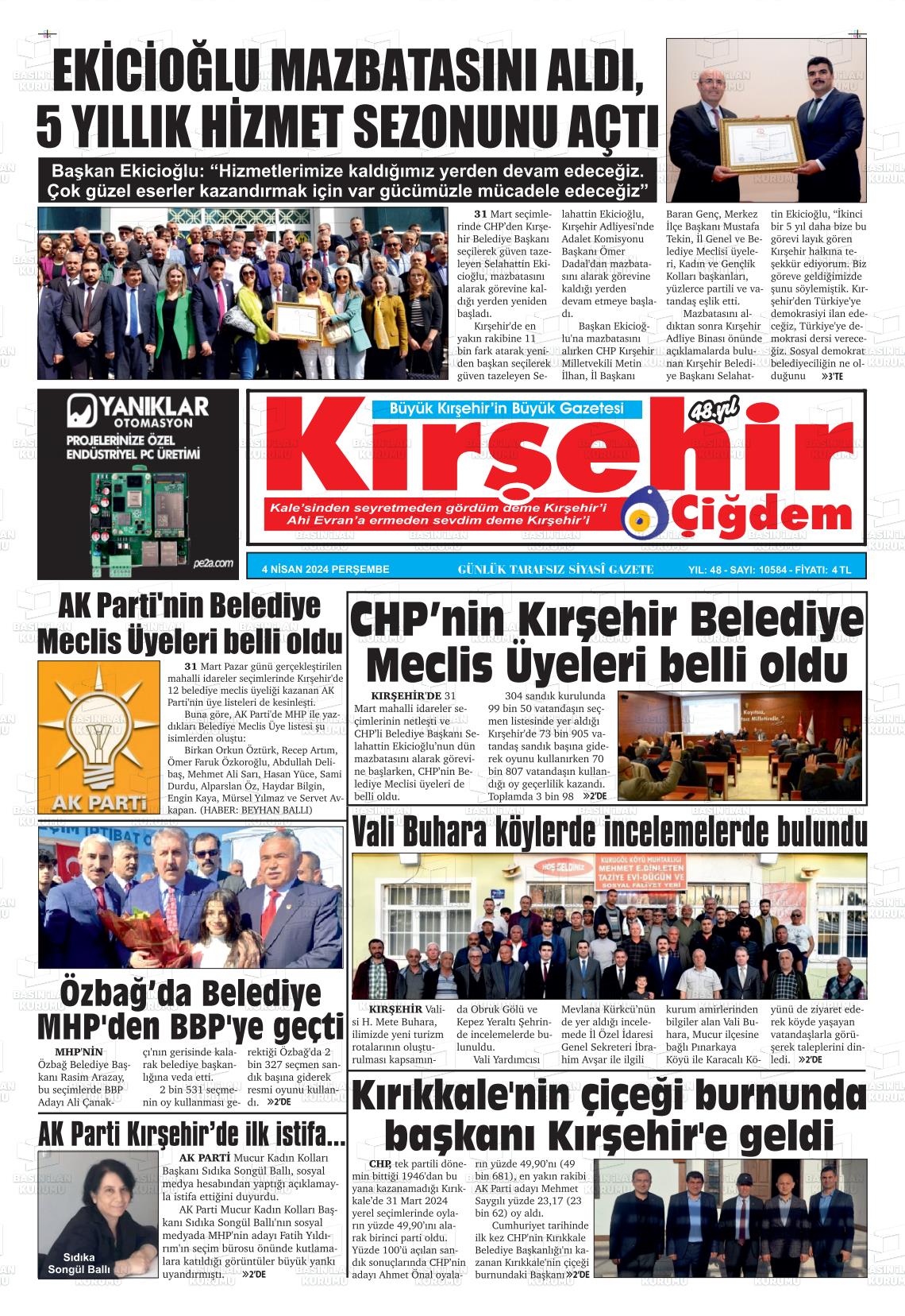 04 Nisan 2024 Kırşehir Çiğdem Gazete Manşeti