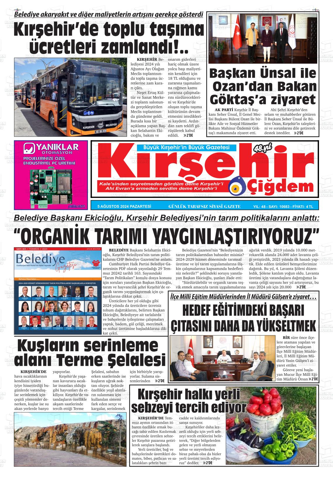 05 Ağustos 2024 Kırşehir Çiğdem Gazete Manşeti