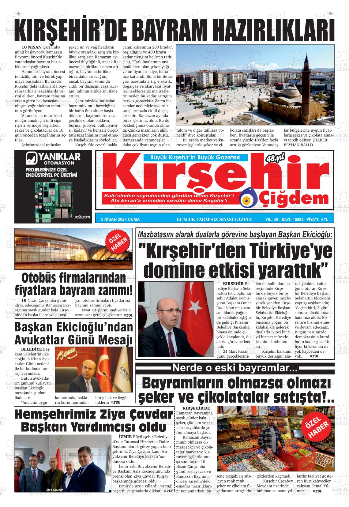 05 Nisan 2024 Kırşehir Çiğdem Gazete Manşeti