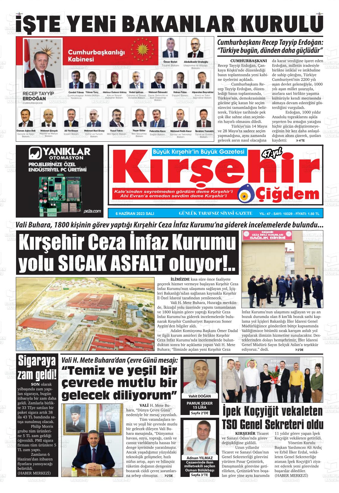 06 Haziran 2023 Kırşehir Çiğdem Gazete Manşeti