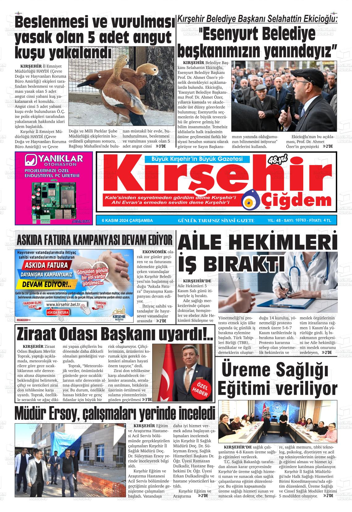 06 Kasım 2024 Kırşehir Çiğdem Gazete Manşeti