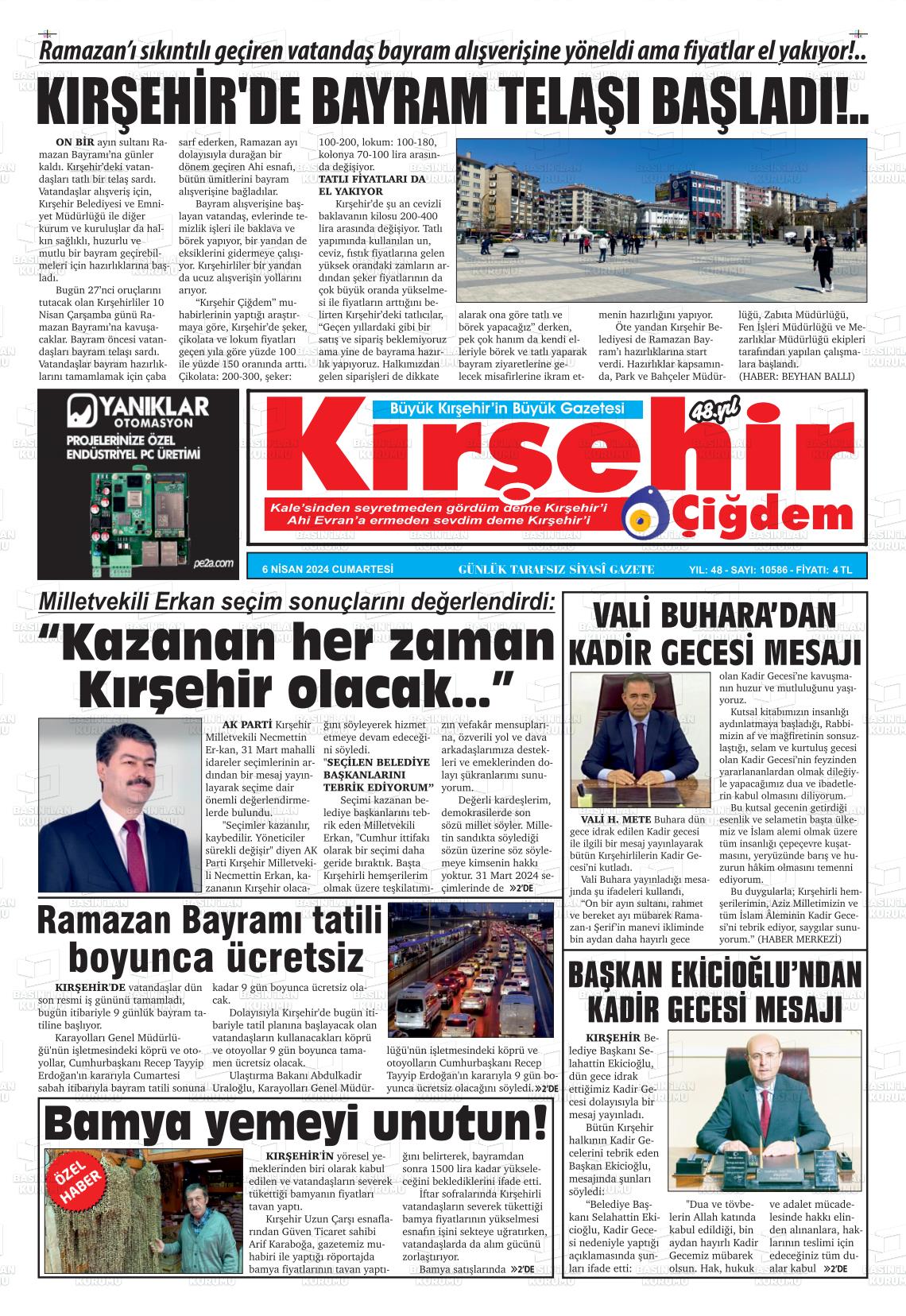 06 Nisan 2024 Kırşehir Çiğdem Gazete Manşeti