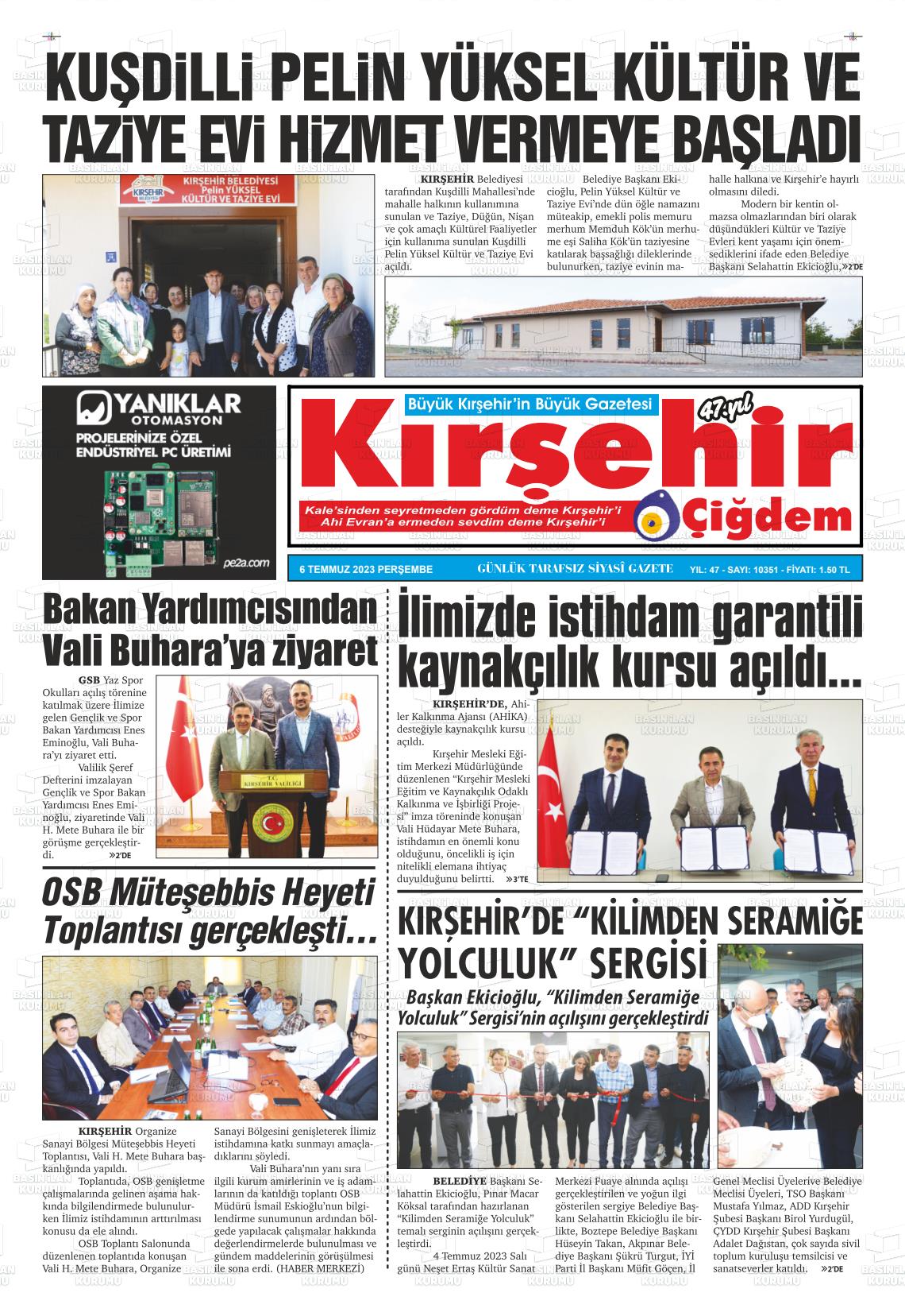 06 Temmuz 2023 Kırşehir Çiğdem Gazete Manşeti