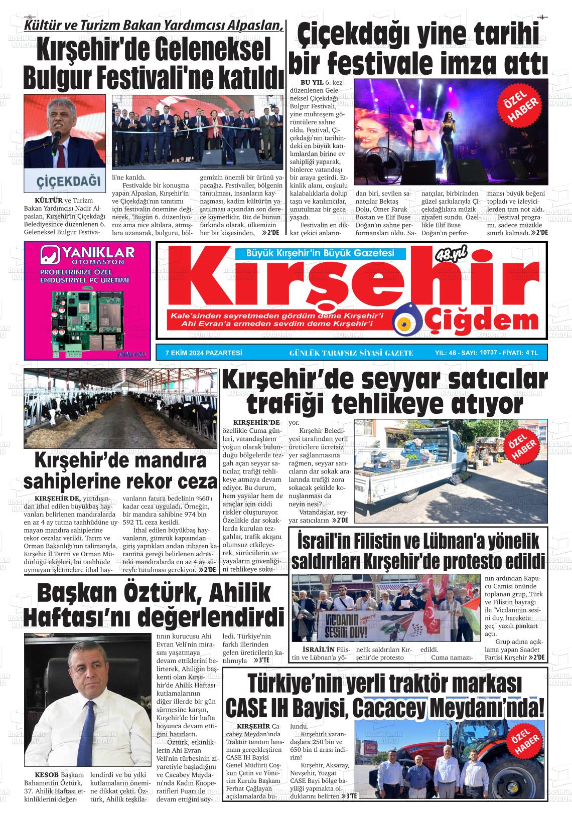 07 Ekim 2024 Kırşehir Çiğdem Gazete Manşeti