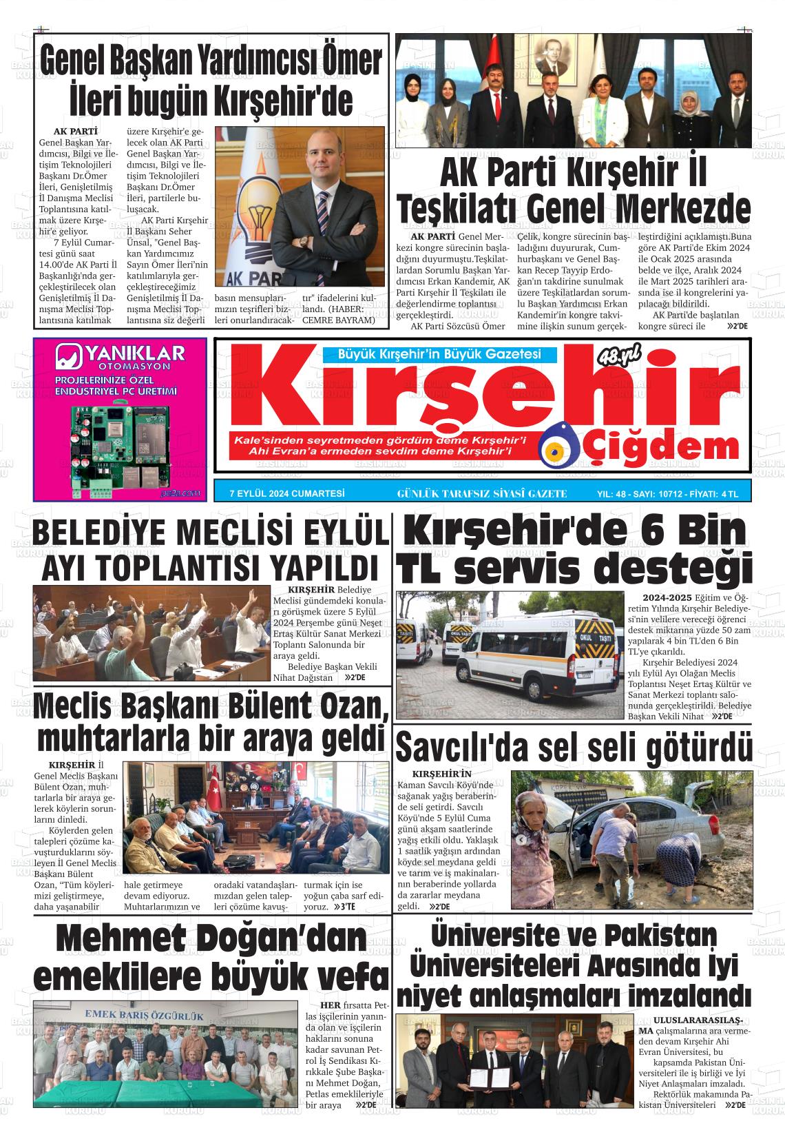 07 Eylül 2024 Kırşehir Çiğdem Gazete Manşeti