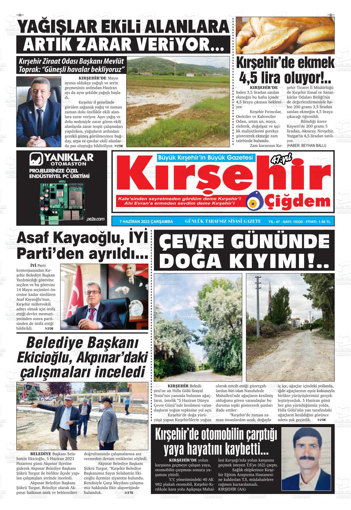 07 Haziran 2023 Kırşehir Çiğdem Gazete Manşeti