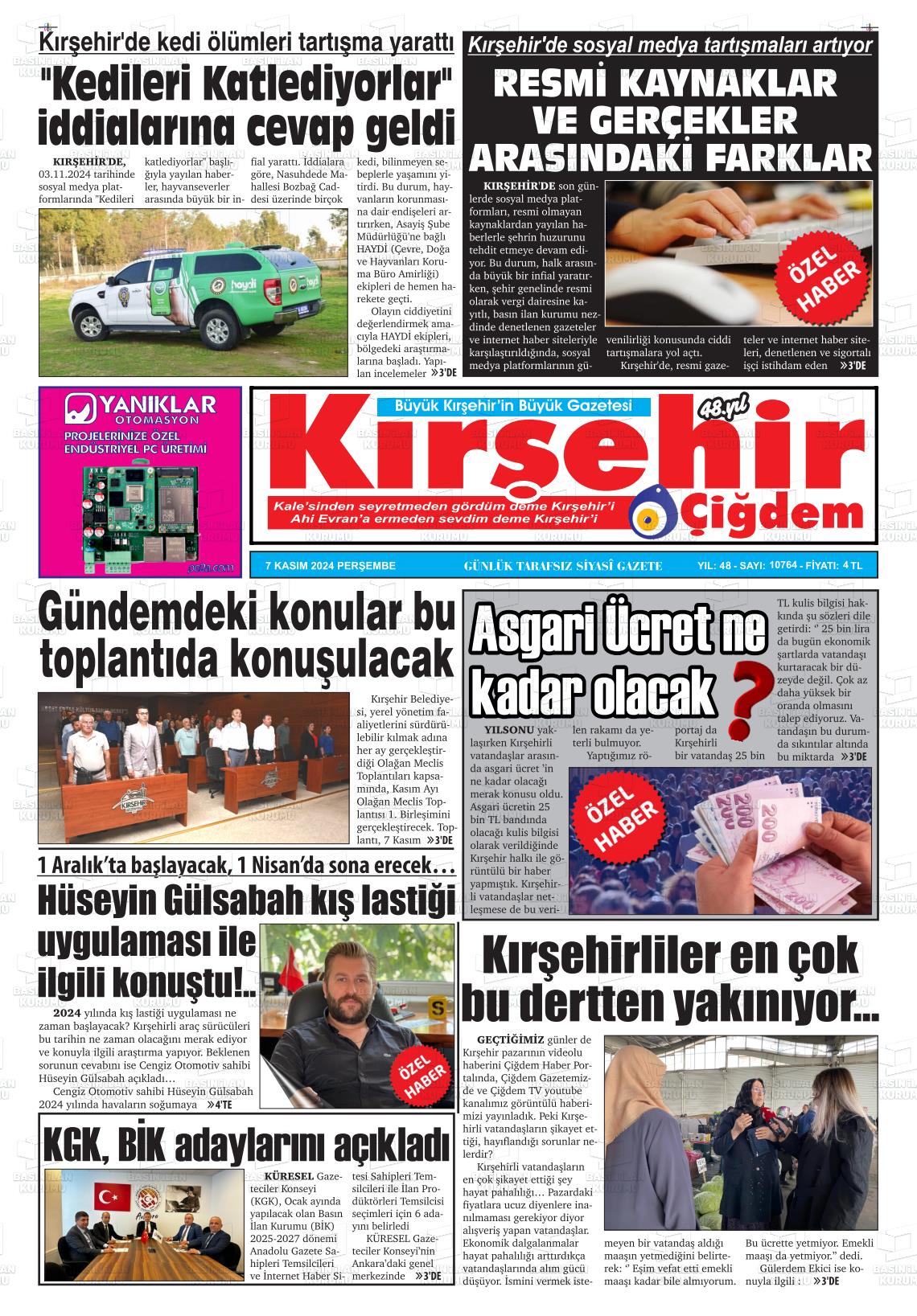 07 Kasım 2024 Kırşehir Çiğdem Gazete Manşeti