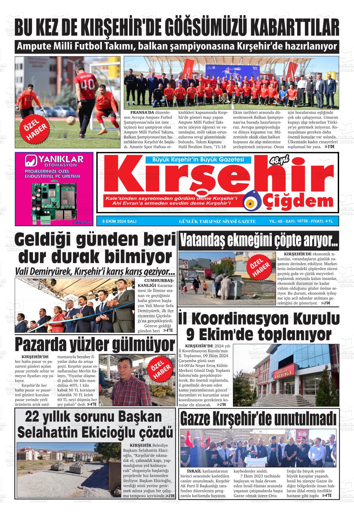 08 Ekim 2024 Kırşehir Çiğdem Gazete Manşeti