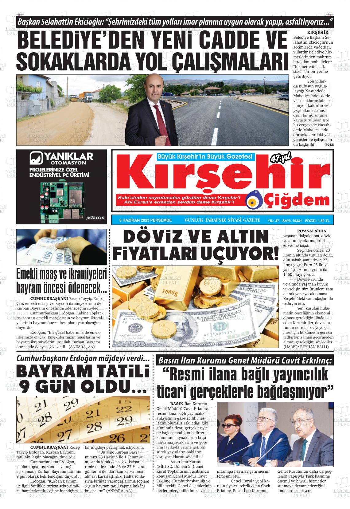 08 Haziran 2023 Kırşehir Çiğdem Gazete Manşeti