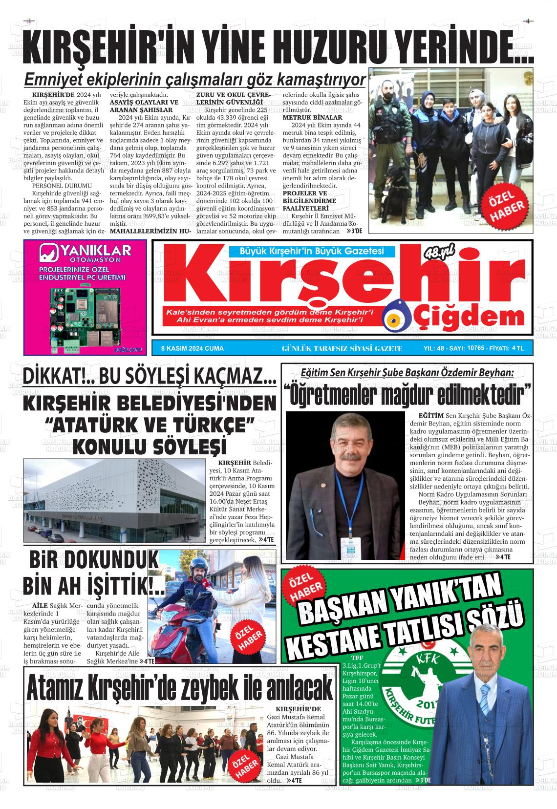 08 Kasım 2024 Kırşehir Çiğdem Gazete Manşeti