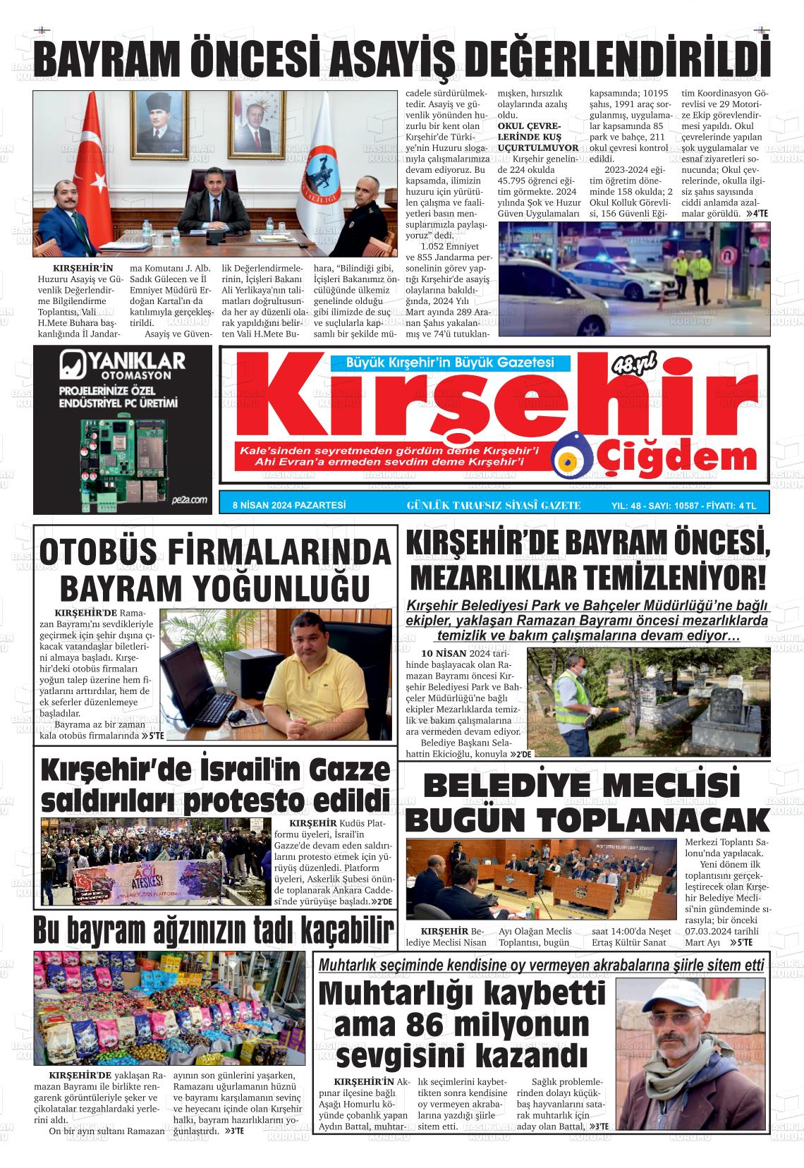 08 Nisan 2024 Kırşehir Çiğdem Gazete Manşeti