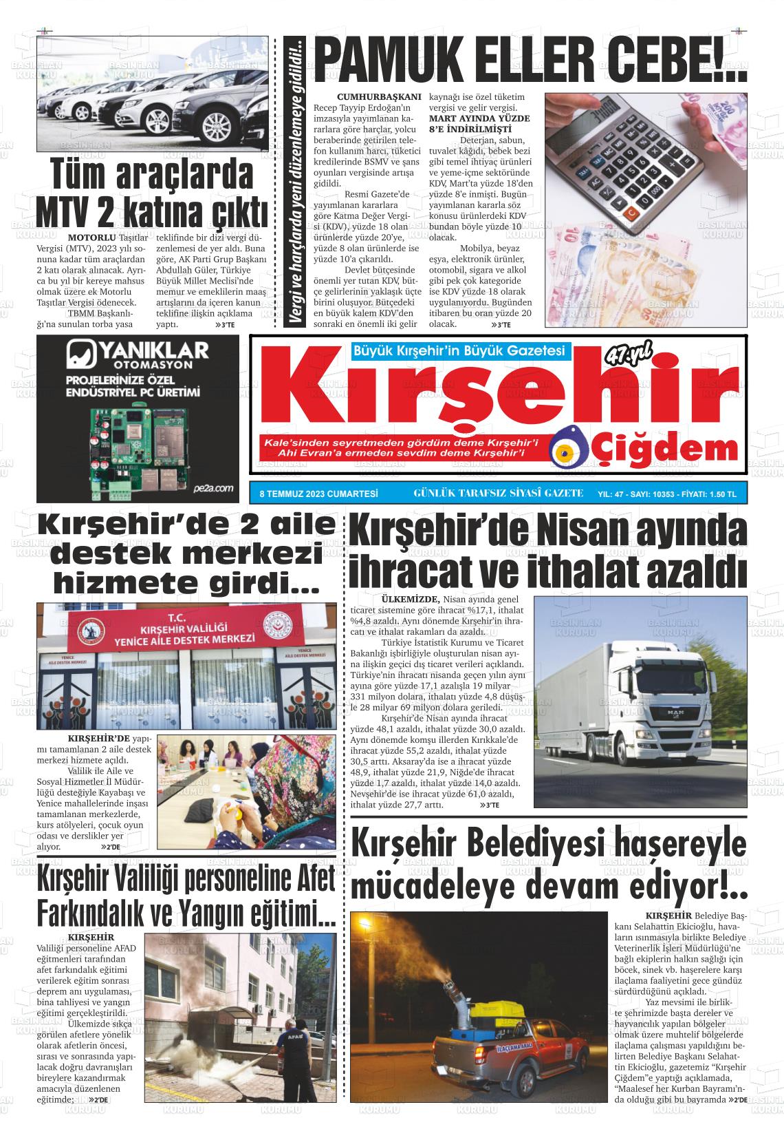 08 Temmuz 2023 Kırşehir Çiğdem Gazete Manşeti