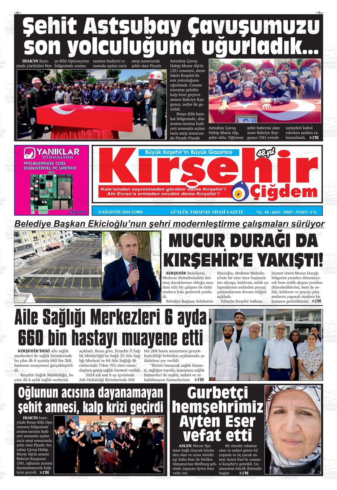 09 Ağustos 2024 Kırşehir Çiğdem Gazete Manşeti