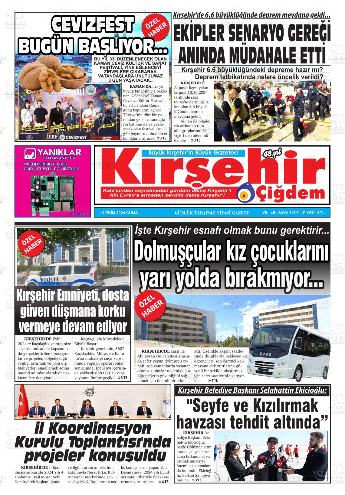 11 Ekim 2024 Kırşehir Çiğdem Gazete Manşeti