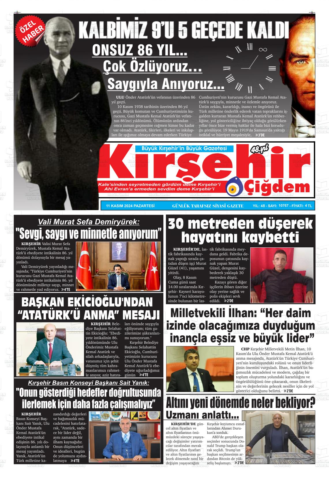 11 Kasım 2024 Kırşehir Çiğdem Gazete Manşeti