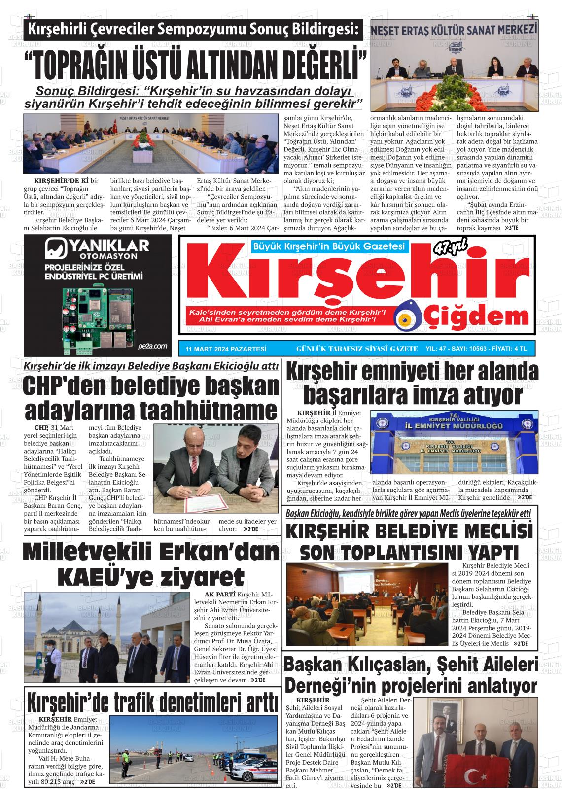 11 Mart 2024 Kırşehir Çiğdem Gazete Manşeti