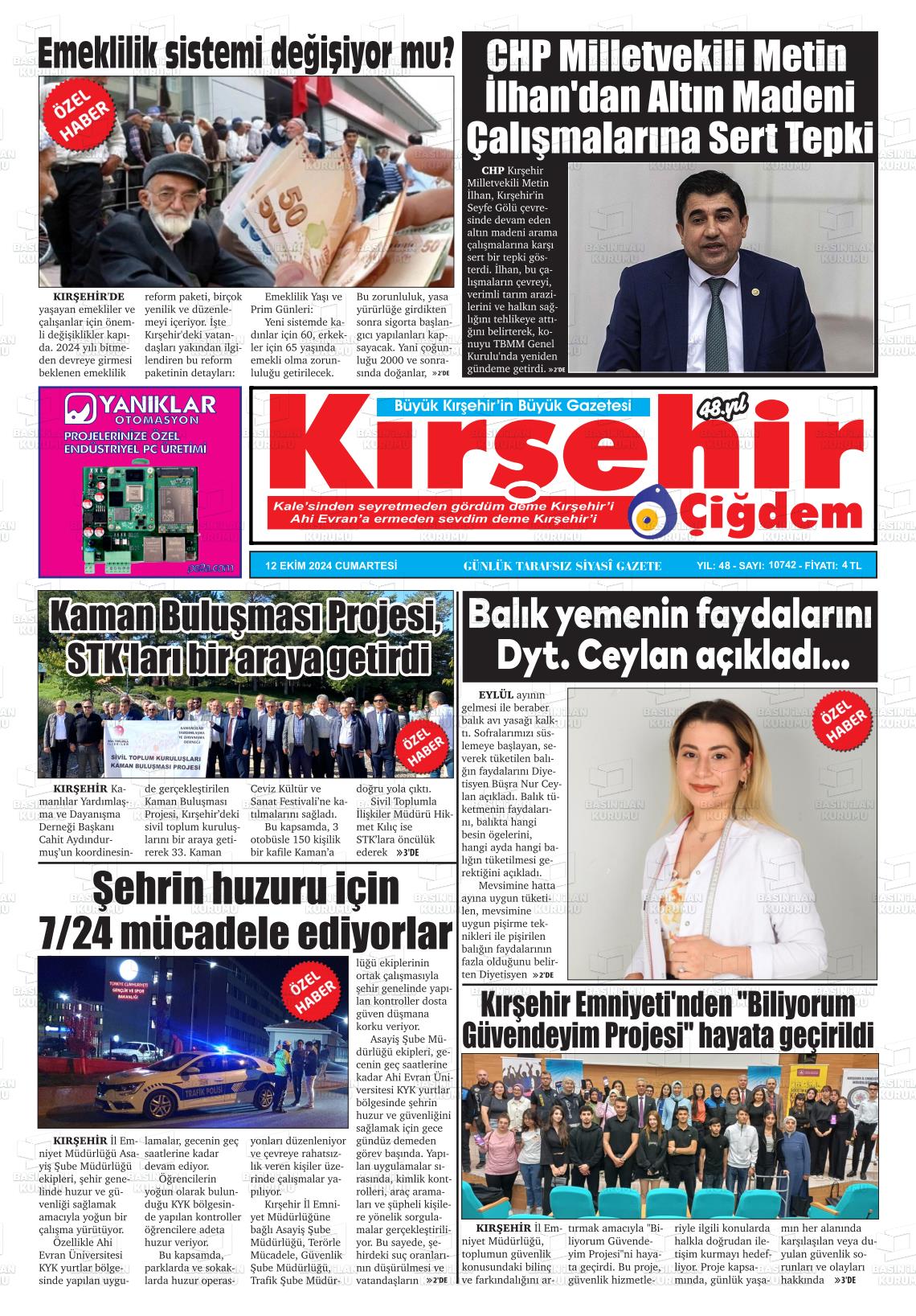 12 Ekim 2024 Kırşehir Çiğdem Gazete Manşeti