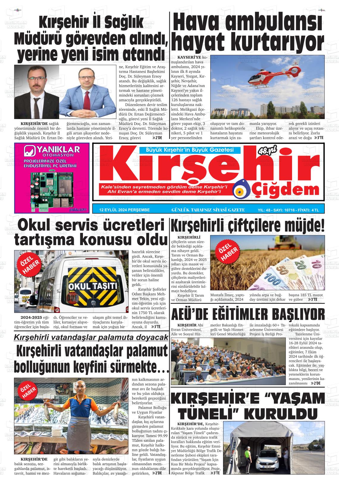 12 Eylül 2024 Kırşehir Çiğdem Gazete Manşeti