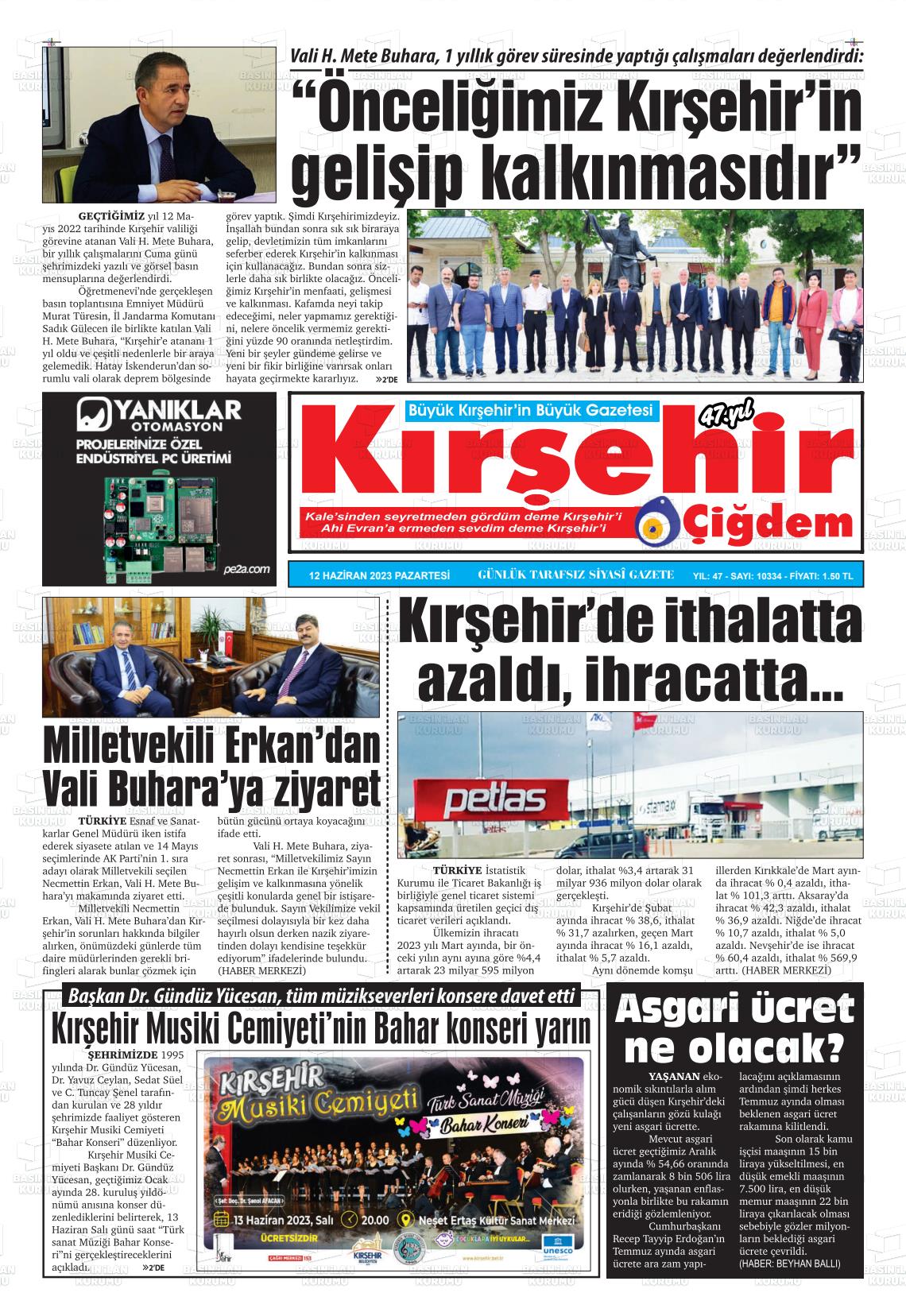 12 Haziran 2023 Kırşehir Çiğdem Gazete Manşeti