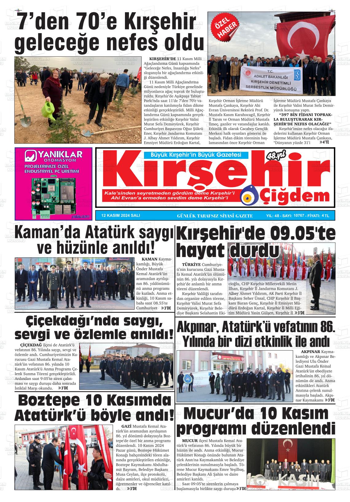 12 Kasım 2024 Kırşehir Çiğdem Gazete Manşeti