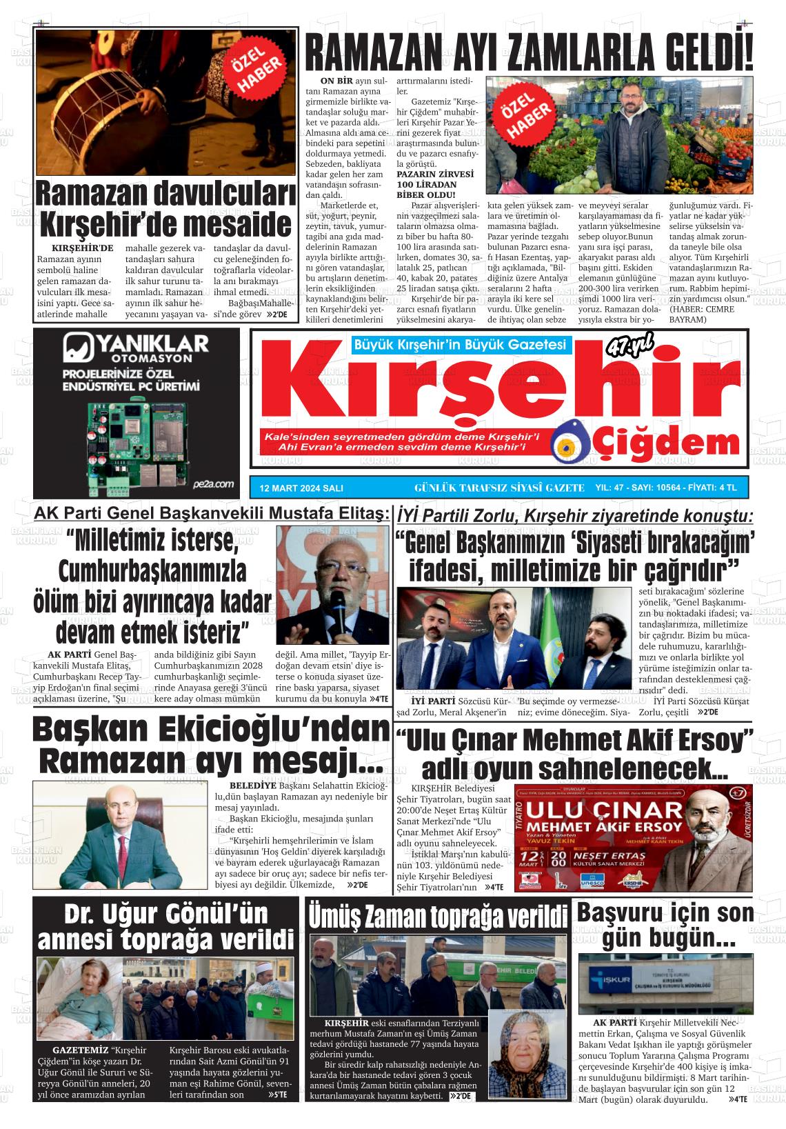 12 Mart 2024 Kırşehir Çiğdem Gazete Manşeti