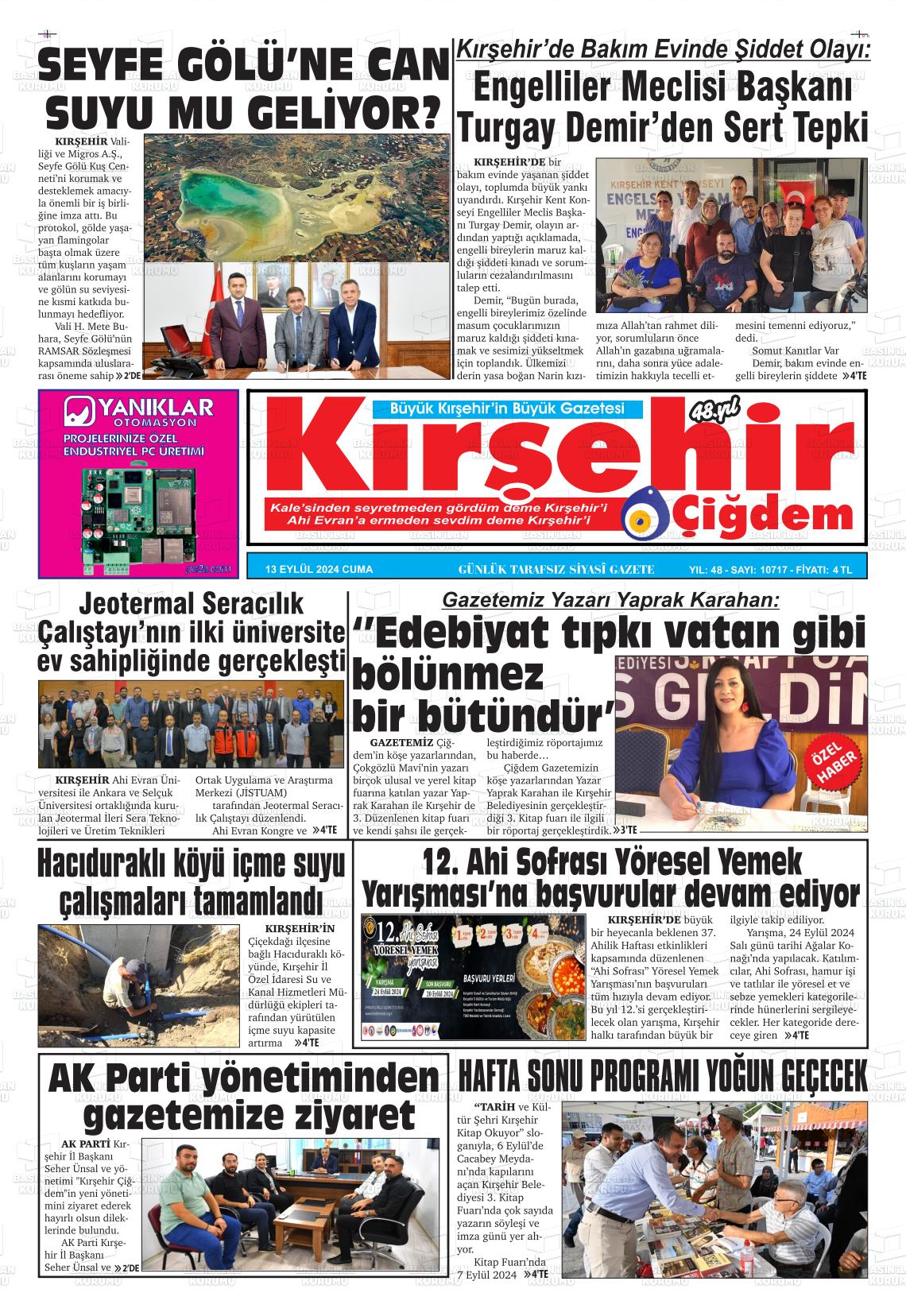 13 Eylül 2024 Kırşehir Çiğdem Gazete Manşeti