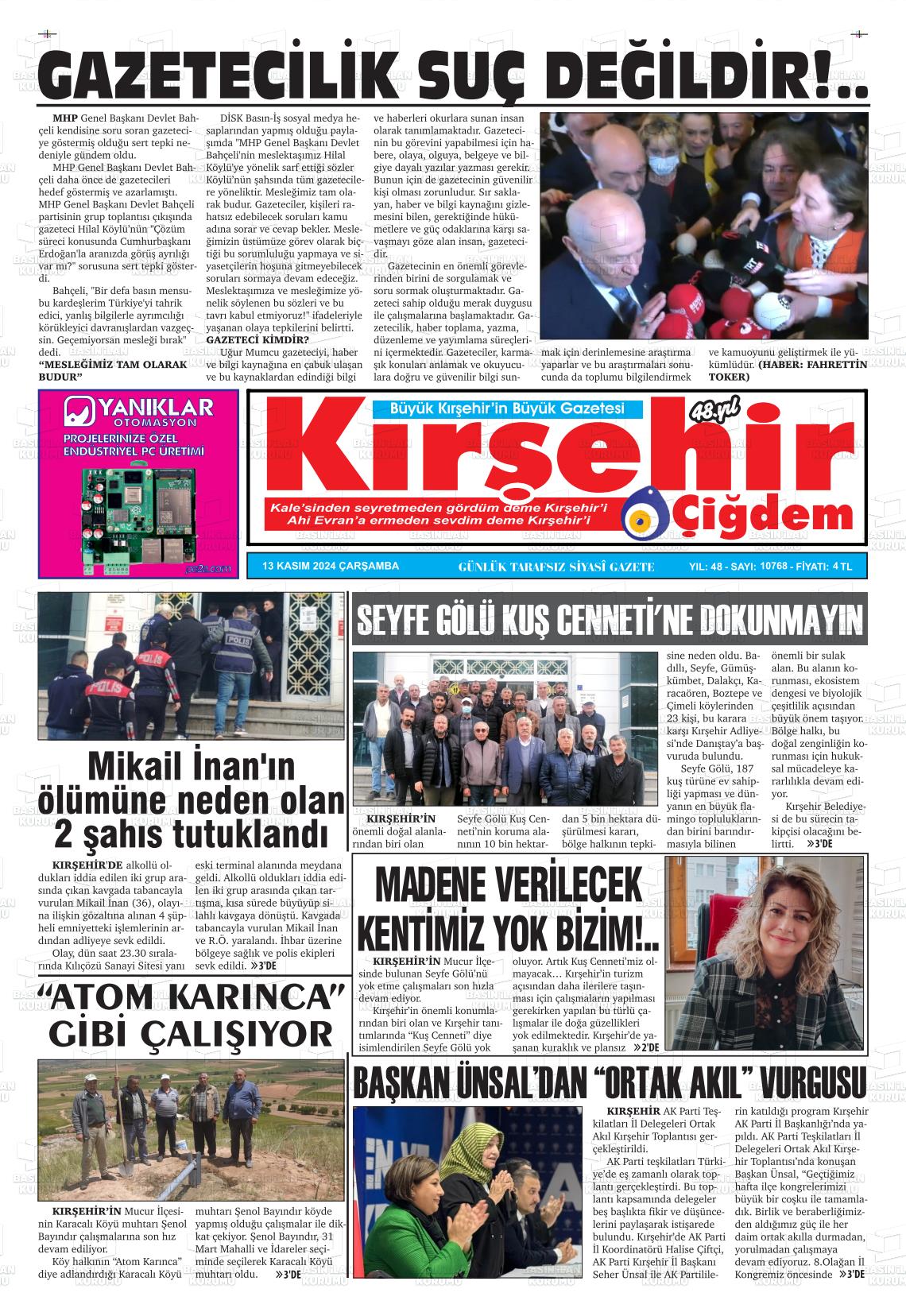 13 Kasım 2024 Kırşehir Çiğdem Gazete Manşeti