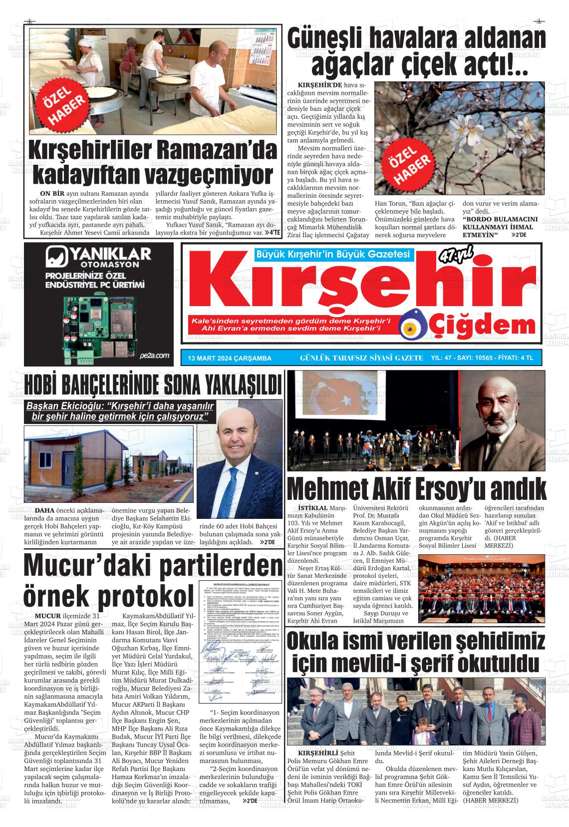 13 Mart 2024 Kırşehir Çiğdem Gazete Manşeti