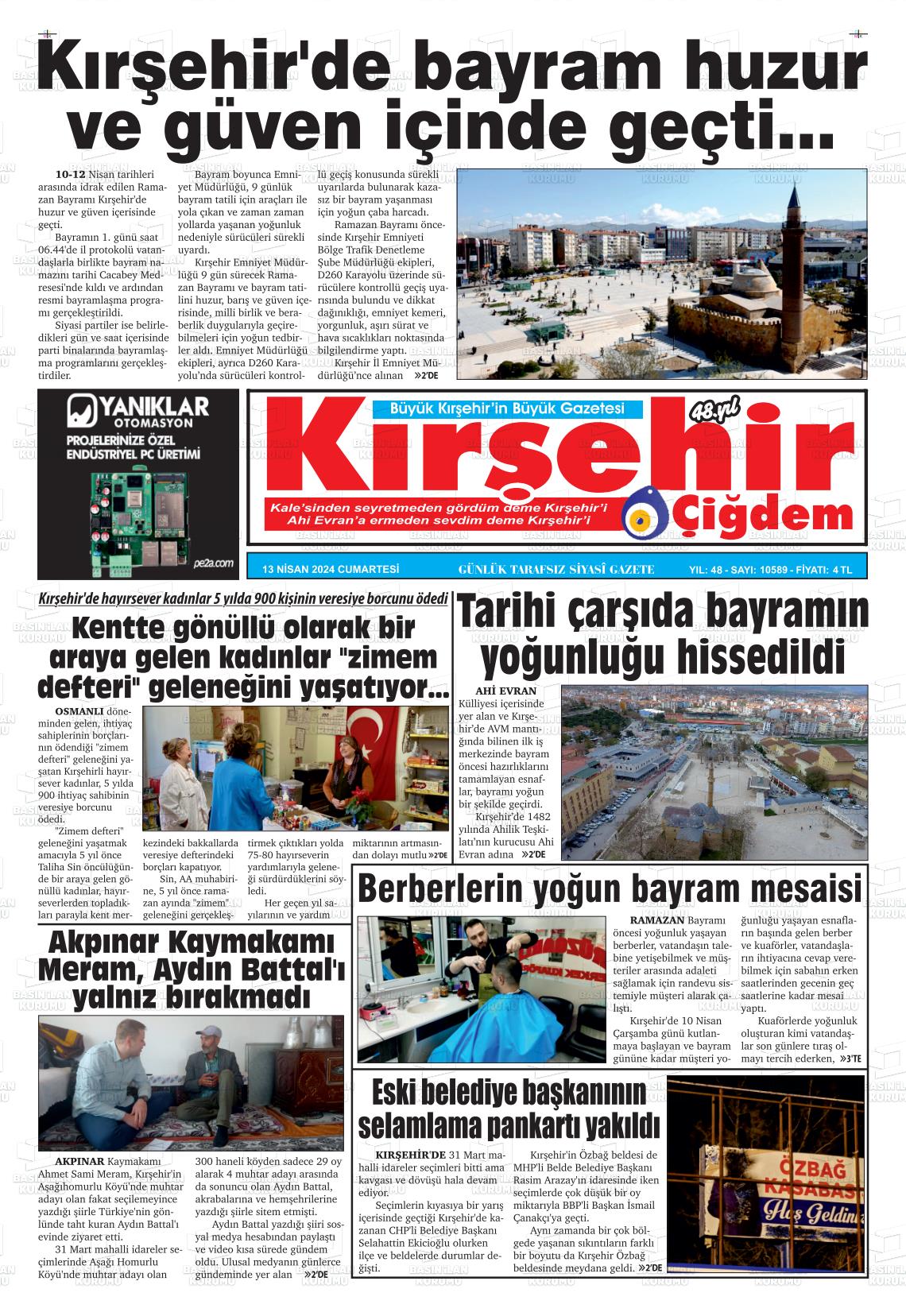 13 Nisan 2024 Kırşehir Çiğdem Gazete Manşeti