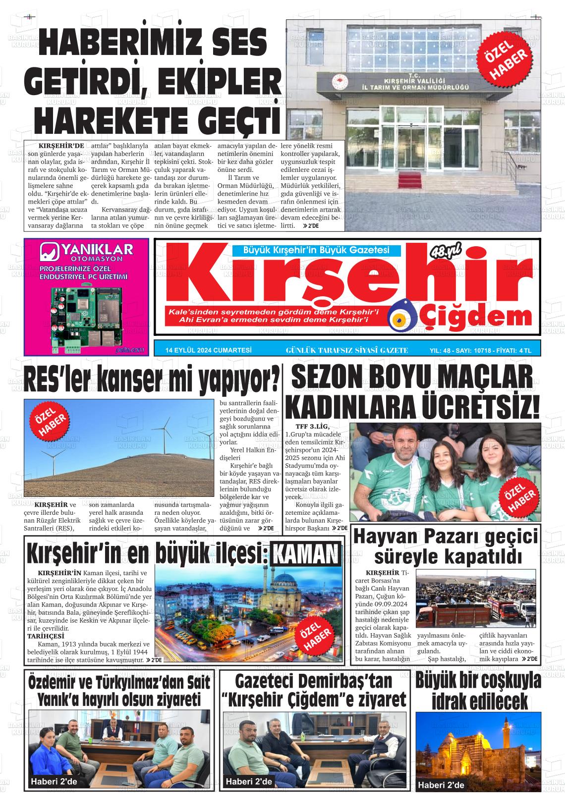 14 Eylül 2024 Kırşehir Çiğdem Gazete Manşeti