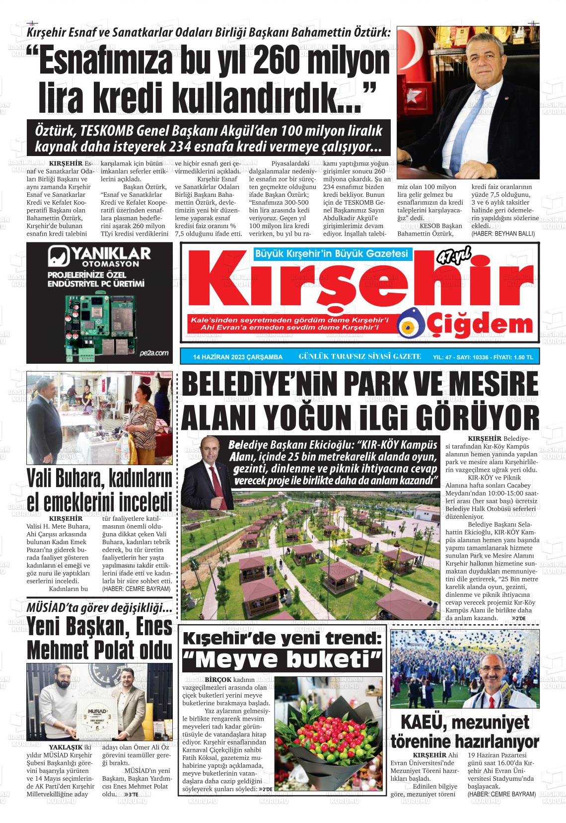 14 Haziran 2023 Kırşehir Çiğdem Gazete Manşeti